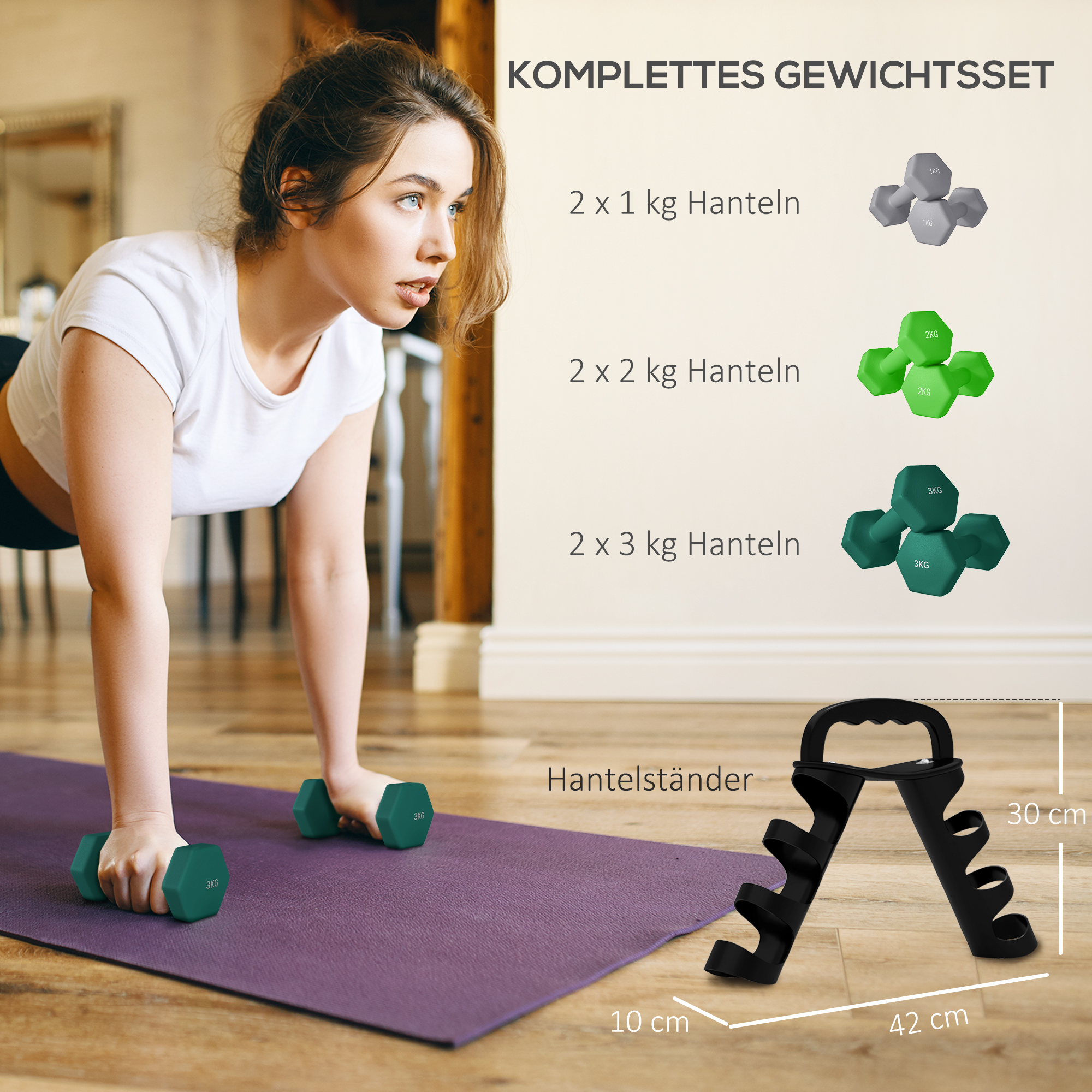 Hantelset mit Aufbewahrungsgestell, Set mit 6 Hanteln für Fitness-Training, 2 x 1kg, 2 x 2kg, 2 x 3kg