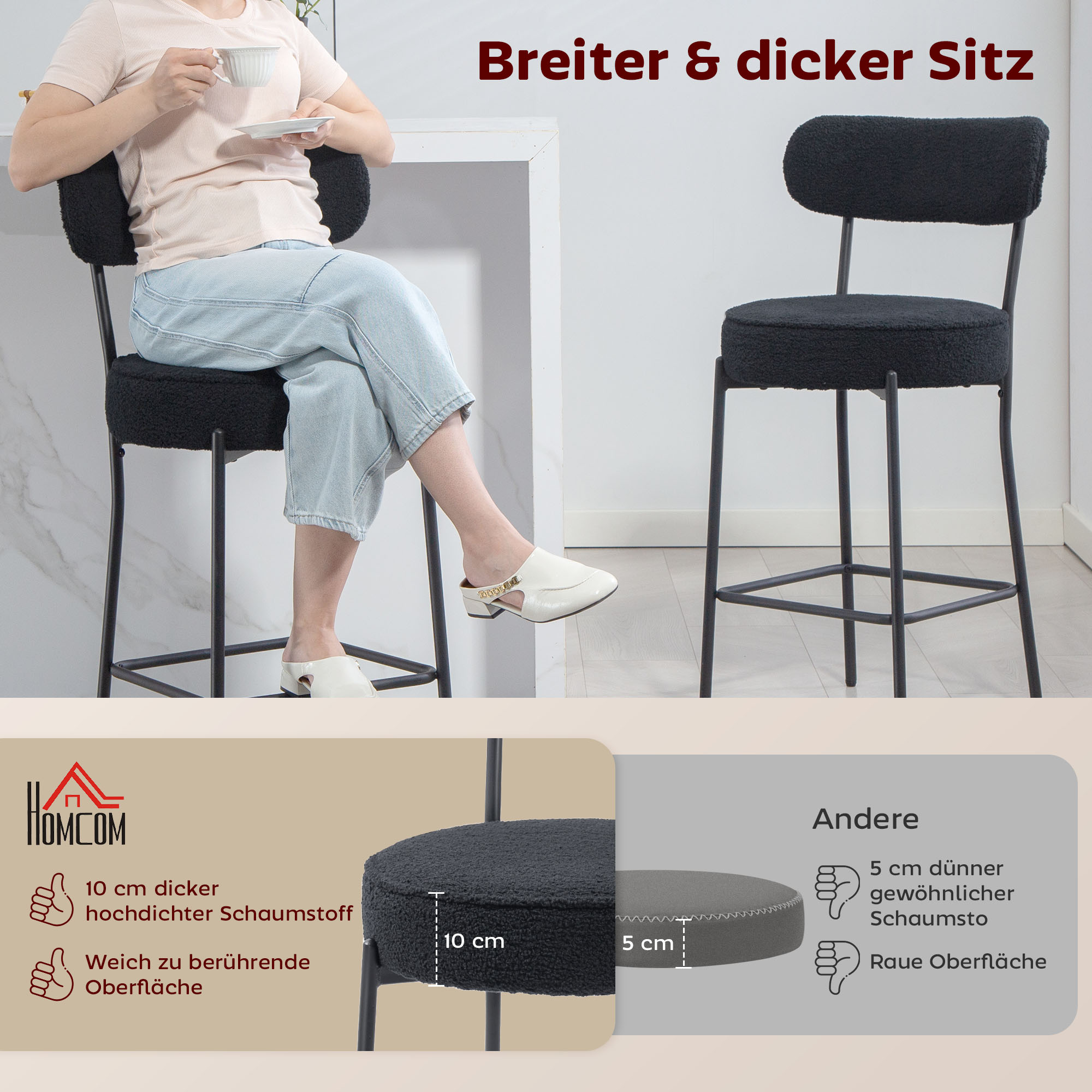 2er-Set Barstühle mit Polstersitz und Fußstütze, Fleece-Bezug, Metallrahmen, Schwarz