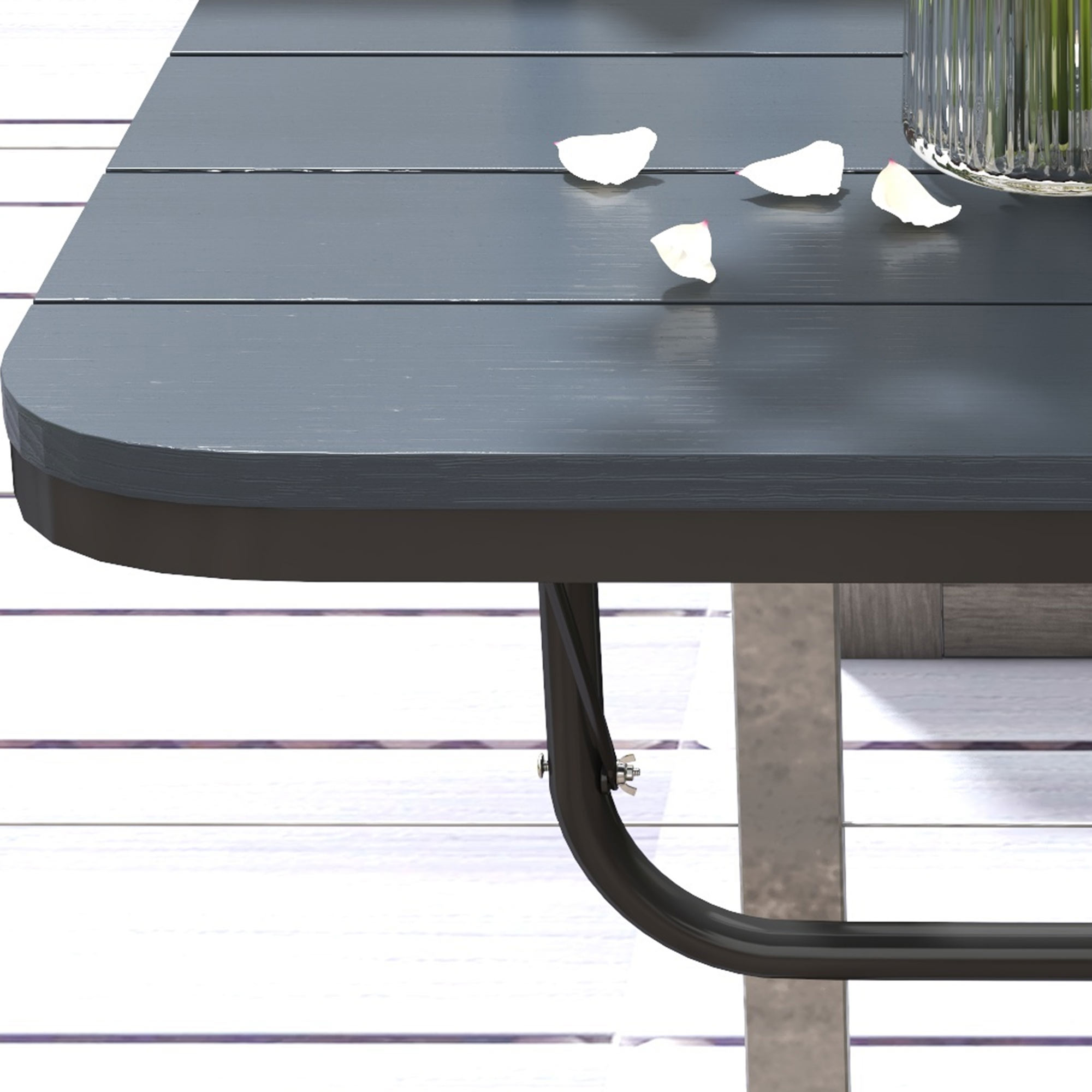 Balkon-Hängetisch, klappbar, höhenverstellbar, Alumiumrahmen, Kunststoff-Tischplatte, Holzoptik, Schwarz