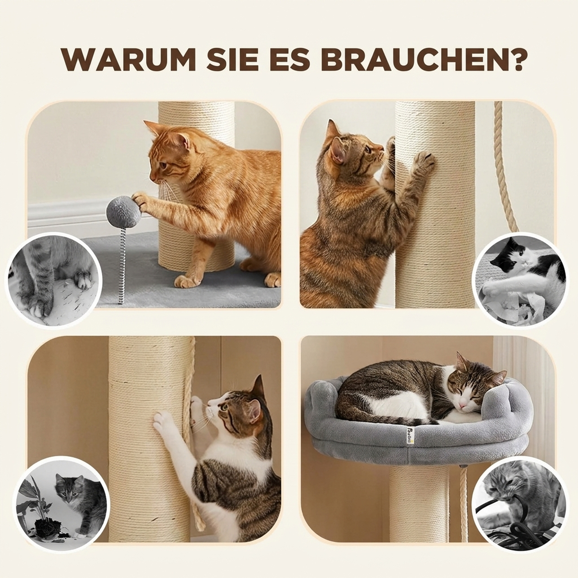 Kratzbaum Katzenbaum Katzenbett, 1 Katzenbett, inkl. Katzenspielzeug, 55 cm x 55 cm x 83 cm, Grau