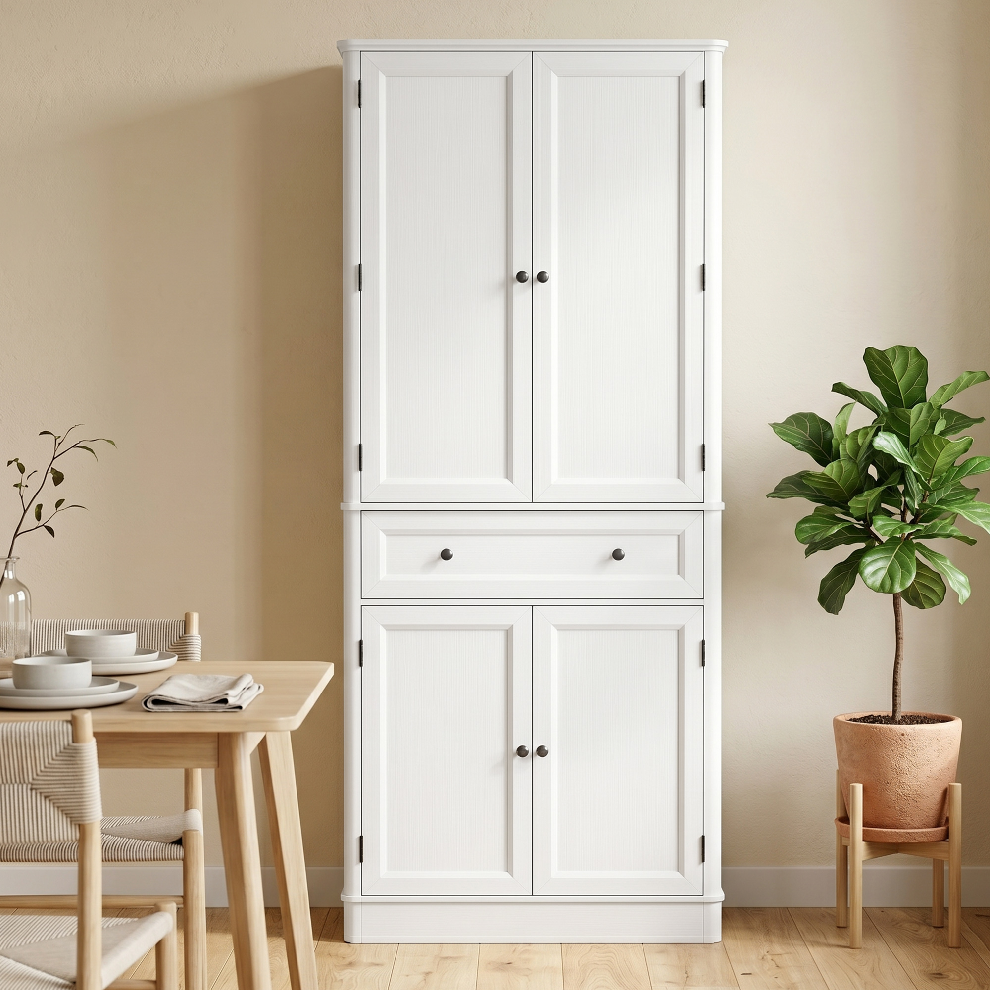 Küchenschrank mit 4 Türen, Schublade und verstellbaren Einlegeböden für Küche, 80 x 39,5 x 186,4 cm Weiß