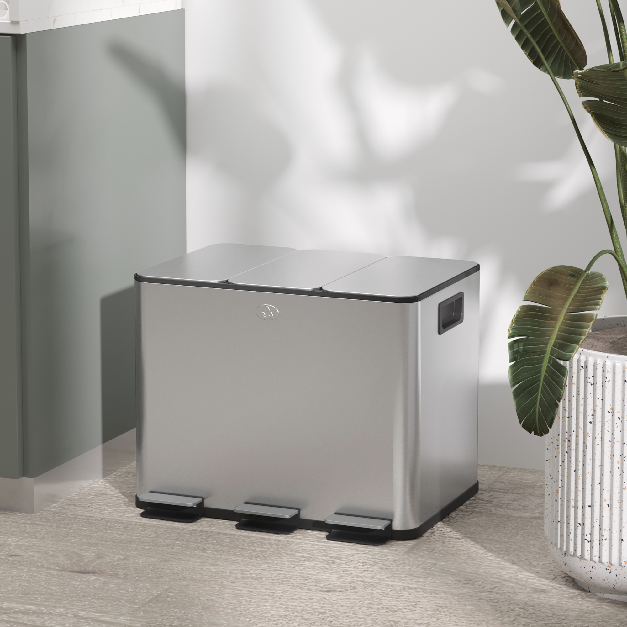 Mülleimer mit 3 x 20l Fächern, Deodorant-Deckel, fingerabdrucksicher, Soft-Close, herausnehmbar, Silber