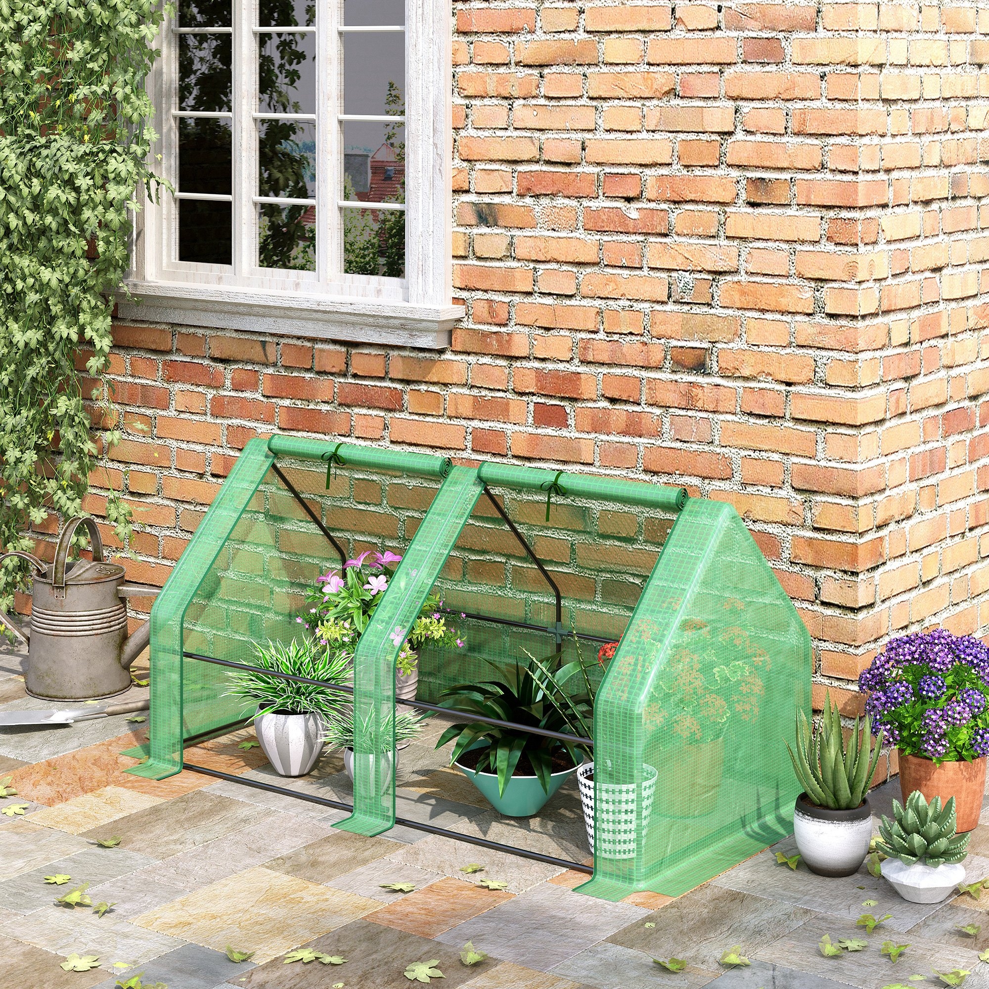 Gewächshaus mit 2 Rollfenster, PE-Gitterfolie, Foliengewächshaus aus Stahl, Treibhaus für Balkon, Garten, Tomatenhaus 180x90x90cm, Tomatengewächshaus für Gemüse, Blumen, Pflanzen, Grün