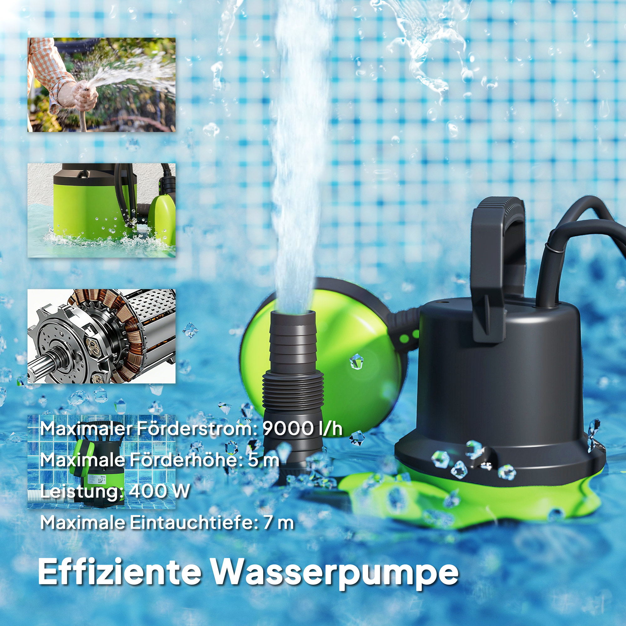 Tauchpumpe Teichpumpe Wasserpumpe mit Schwimmschalter Springbrunnen 400W 9000L/h 16 x 14 x 27 cm Grün