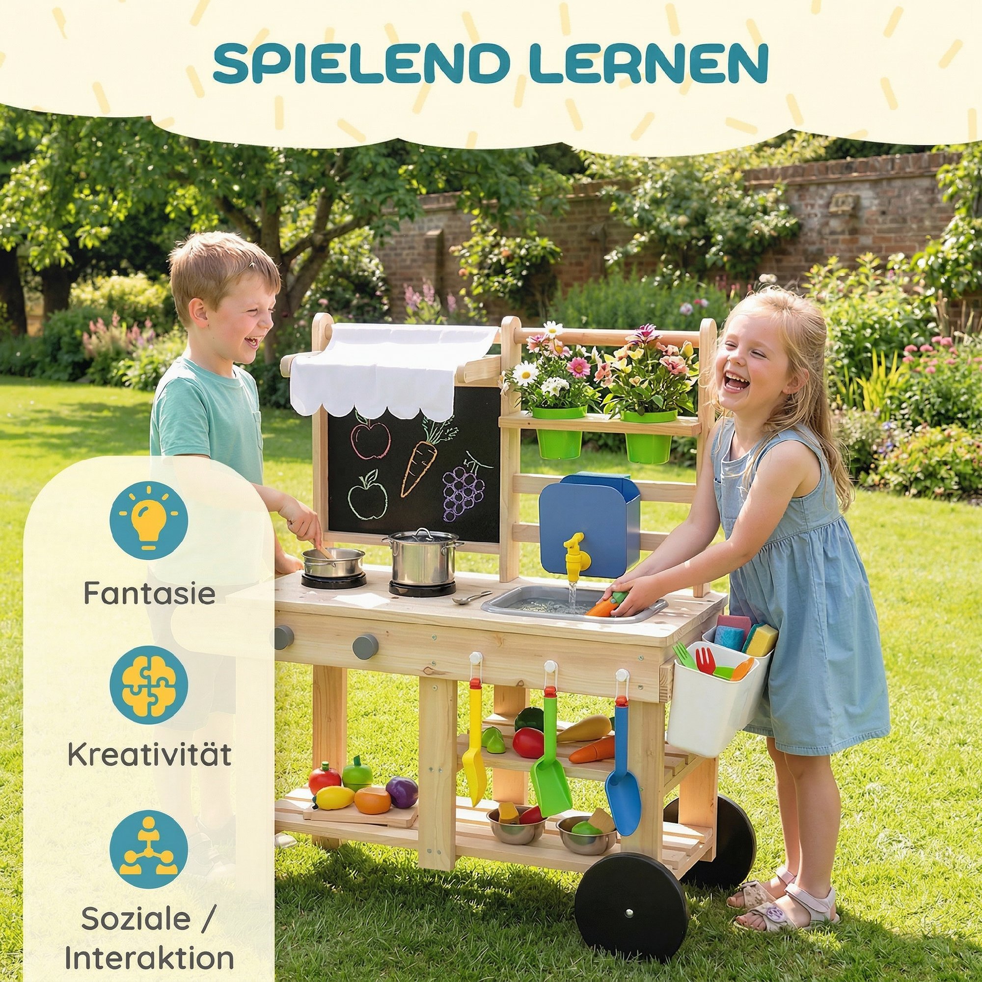 Matschküche Kinder Outdoor, Spielküche aus Holz mit echtem Wasserhahn, Spüle, Herd, Ablagefach, Wassertank, Naturholz