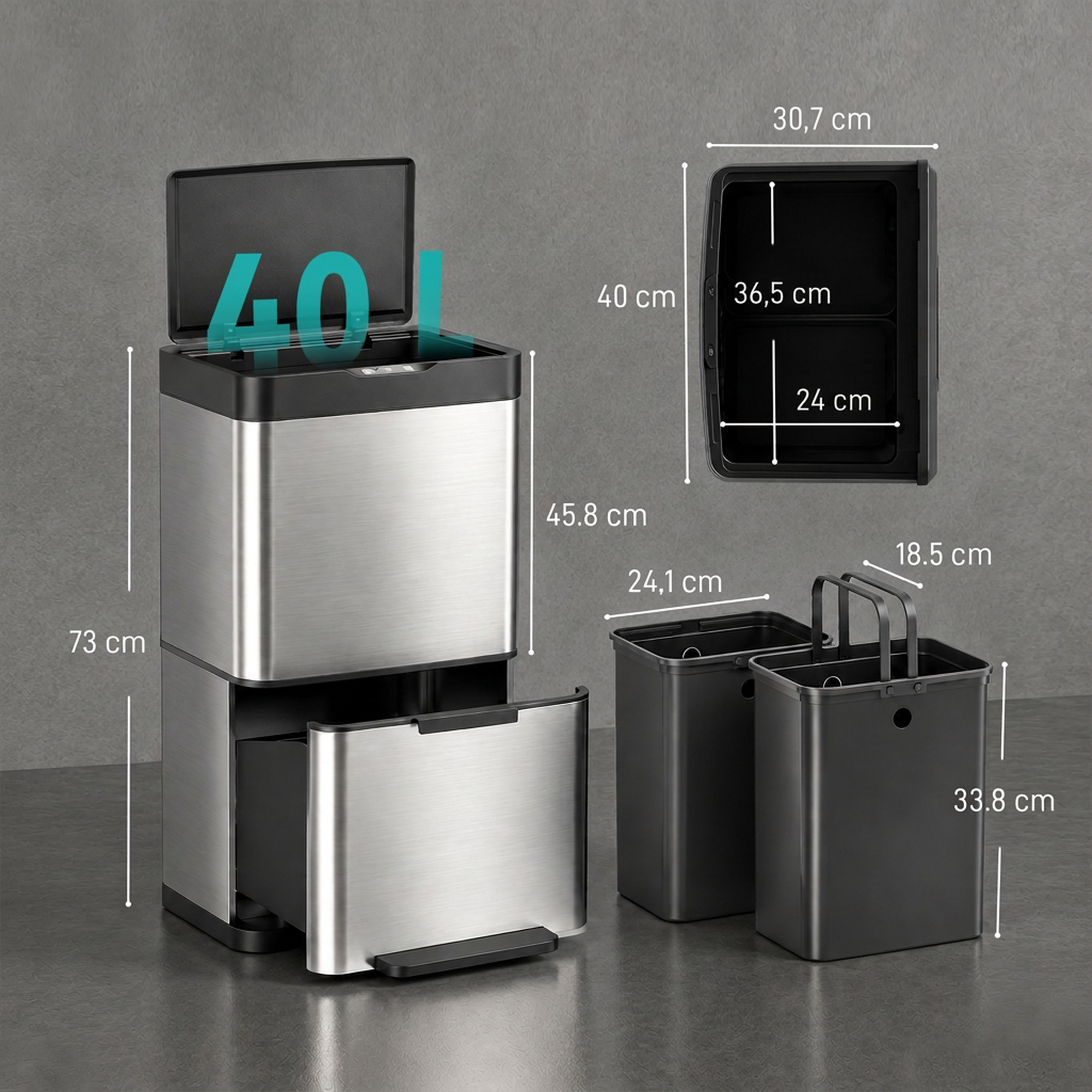 40L Sensormülleimer, 3 Fächer (2 x 12,5L + 15L), mit Soft-Close- & Offenhaltefunktion, Silber