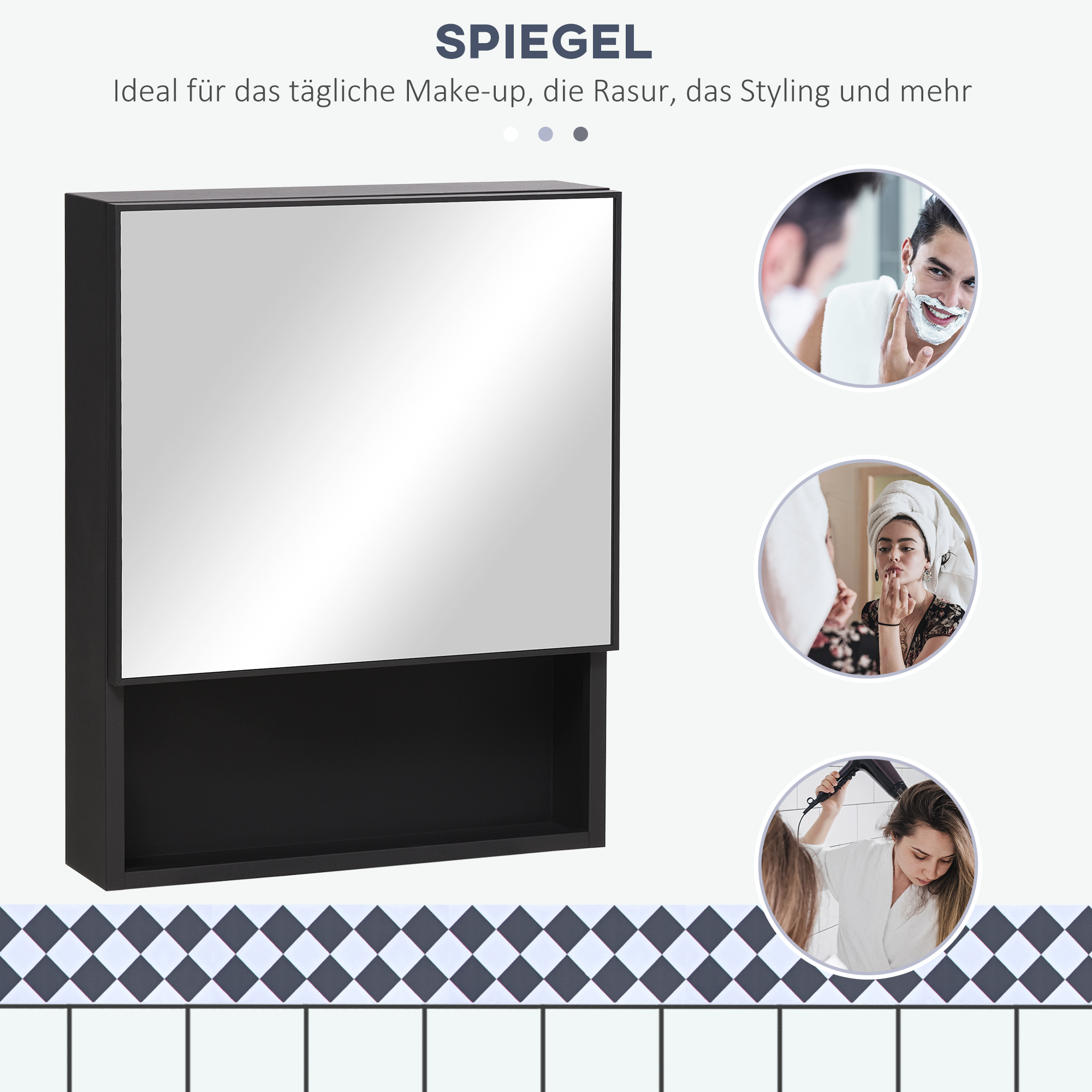 Spiegelschrank, 2 Innenböden, offenes Regalfach, Stahlgehäuse, schwarz, 46 x 13,5 x 58 cm