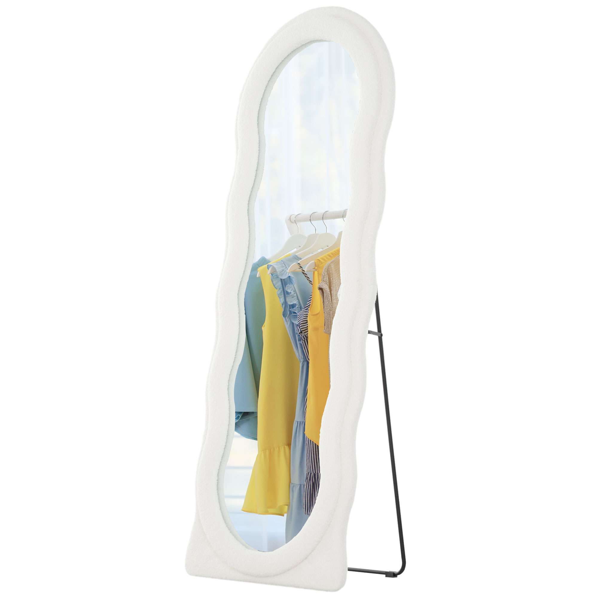 Ganzkörperspiegel 160 x 60 cm Gewölbter Standspiegel mit Wellendesign Bruchsichere Glas Weiß Ganzkörperspiegel 160 x 60 cm Gewölbter Standspiegel mit Wellendesign Bruchsichere Glas Weiß