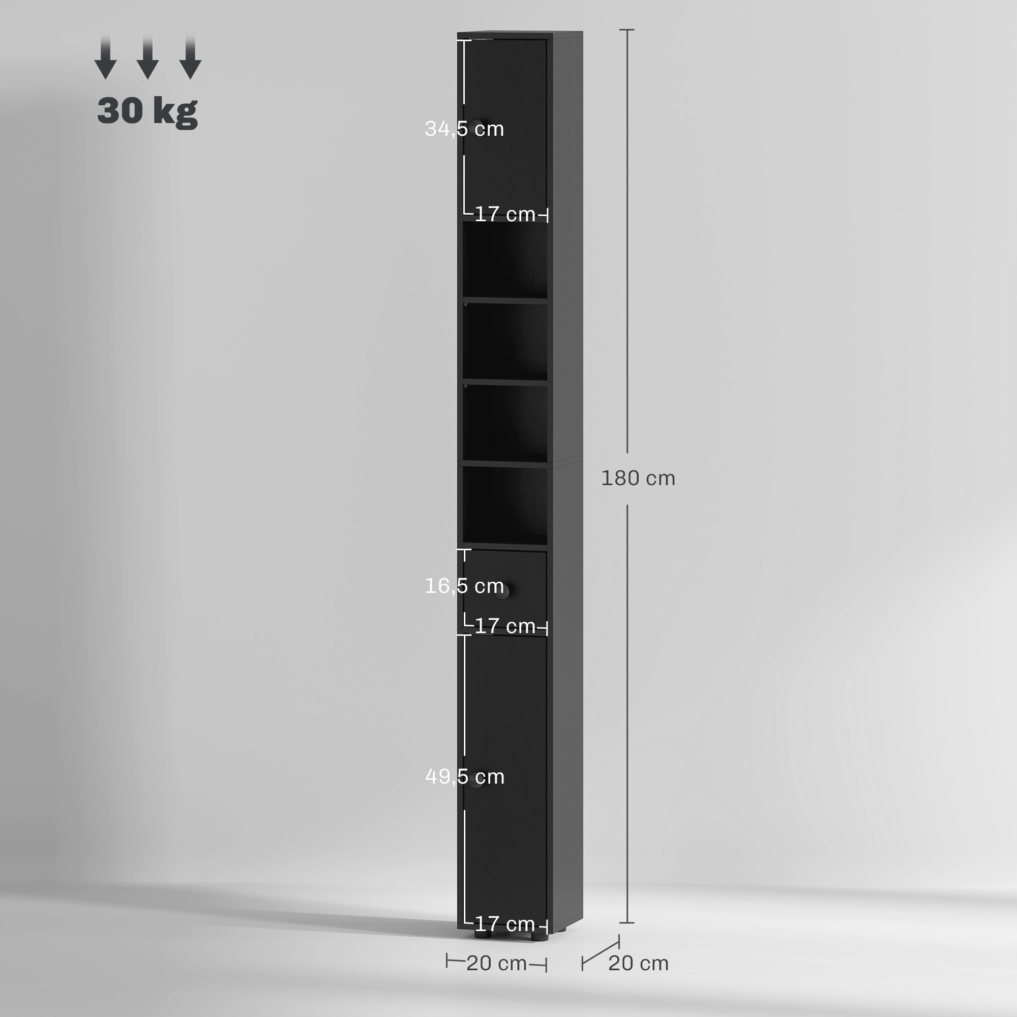 180 cm Schmaler Badezimmerschrank, Toilettenpapierregal mit offenen Fächern, 2 Schränken, Schwarz