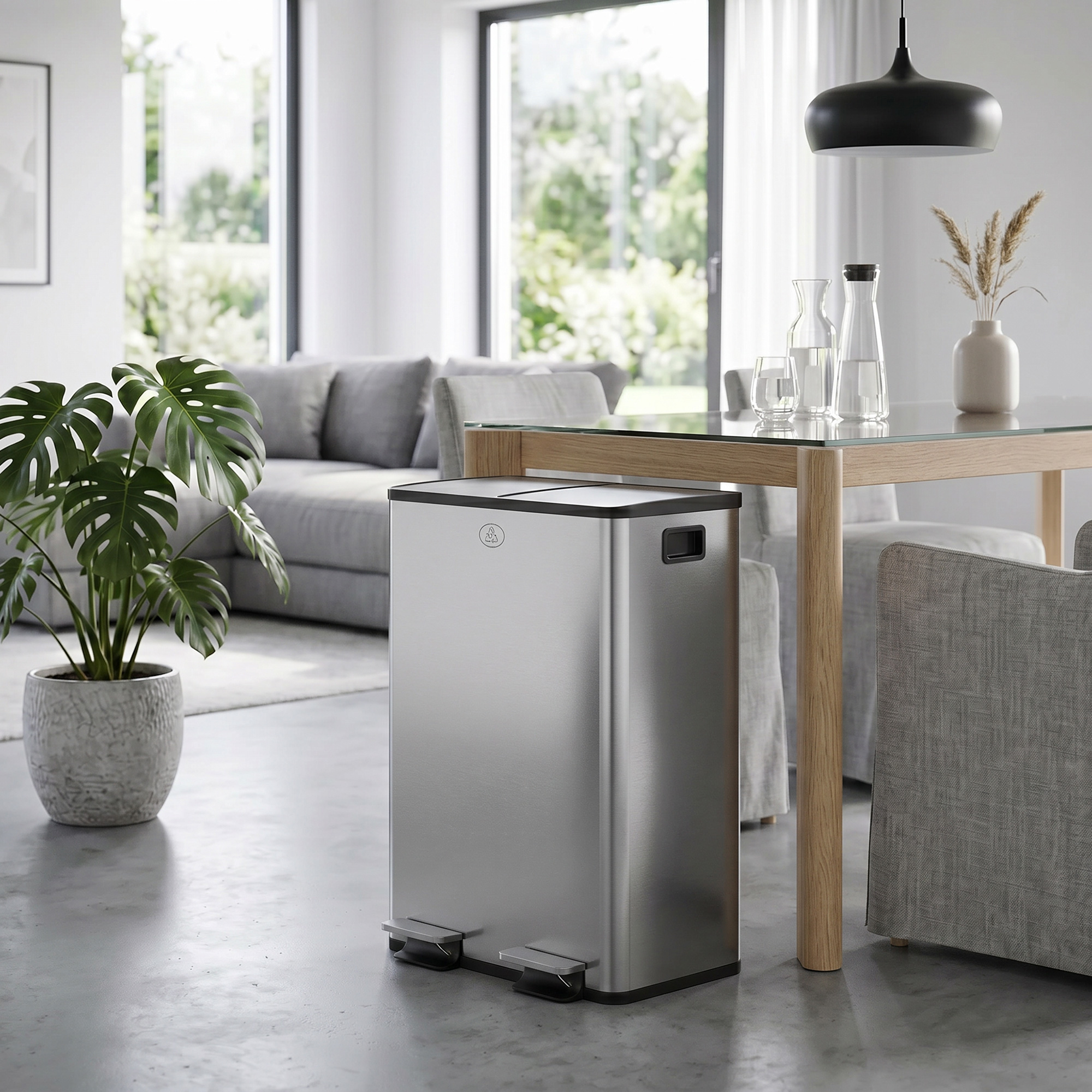 2 x 28 L Doppelmülleimer, Pedalöffnung, leicht zu reinigen, Edelstahl, Kunststoff, Silber