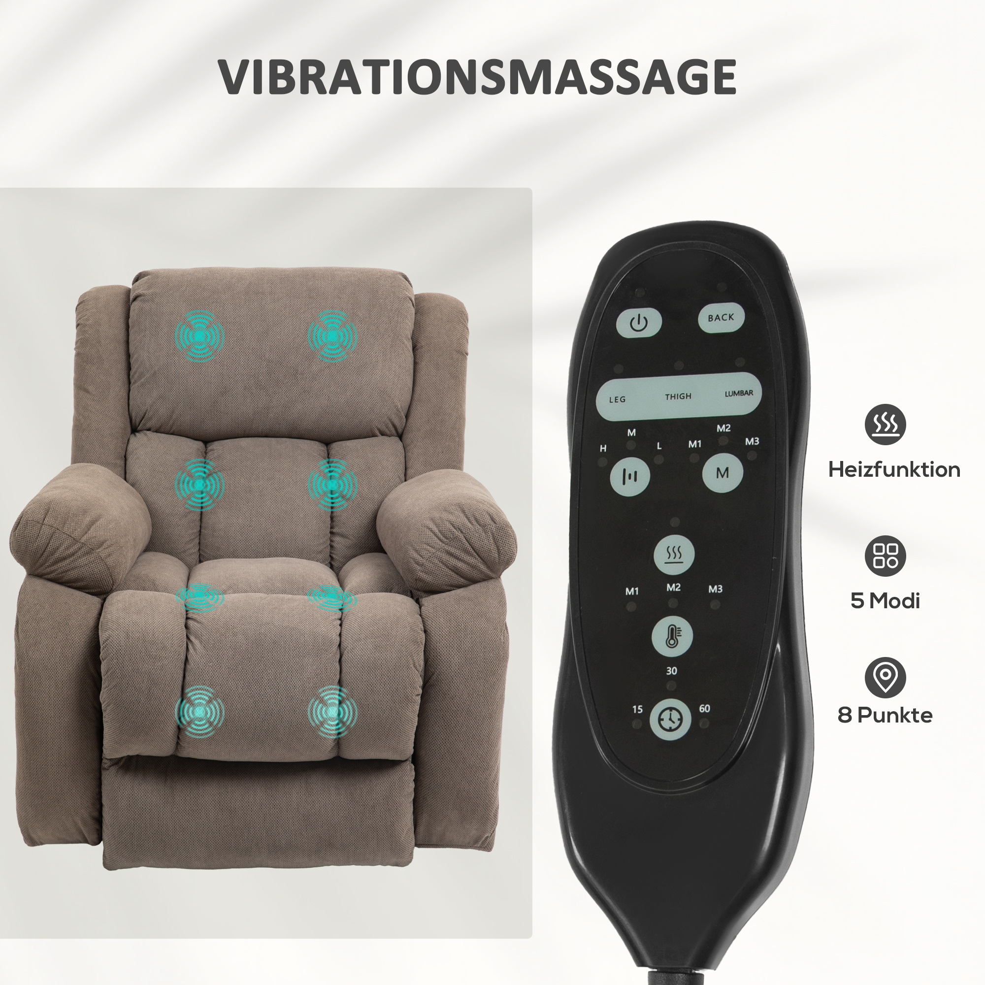 Fernsehsessel mit Massage- und Wärmefunktion, Elektrischer Aufsteh-Sessel, Fernbedienung, Seitentaschen, Hellbraun