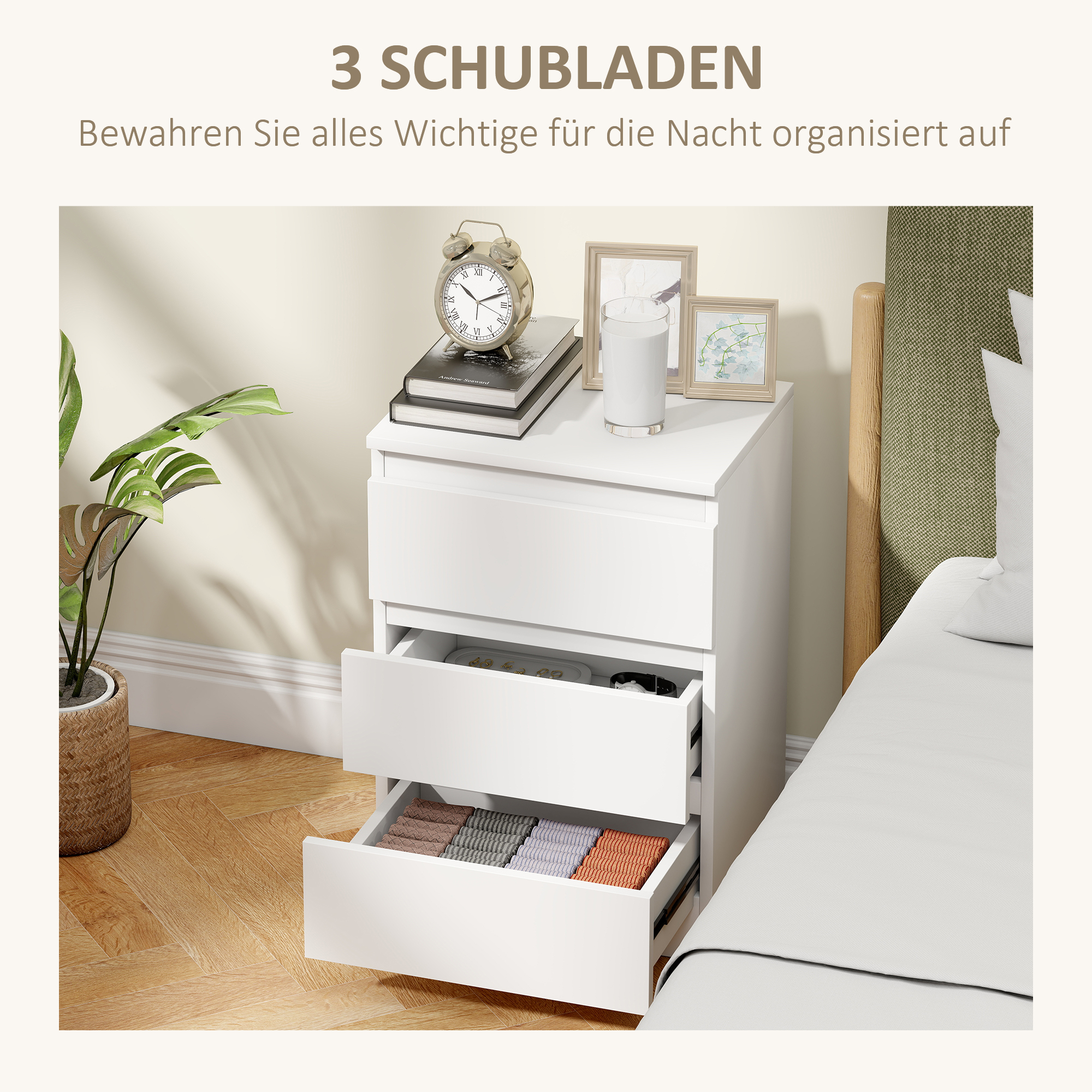 Nachttische im 2er-Set, 3 Schubladen, griffloses Design, Holzoptik, Weiß