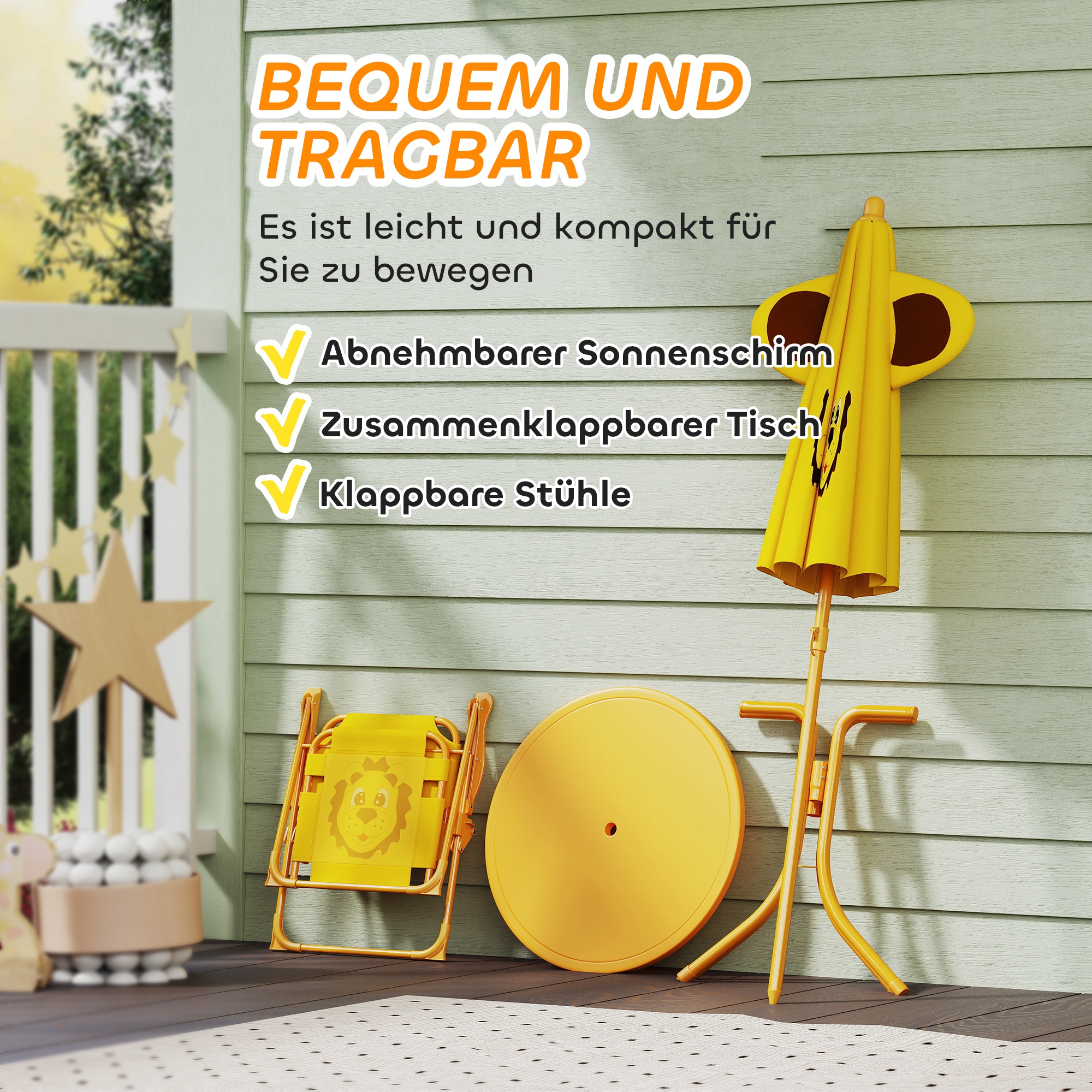 Gartenmöbel-Set für Kinder, Stühle, Tisch, Sonnenschirm, Löwen-Design, Gelb