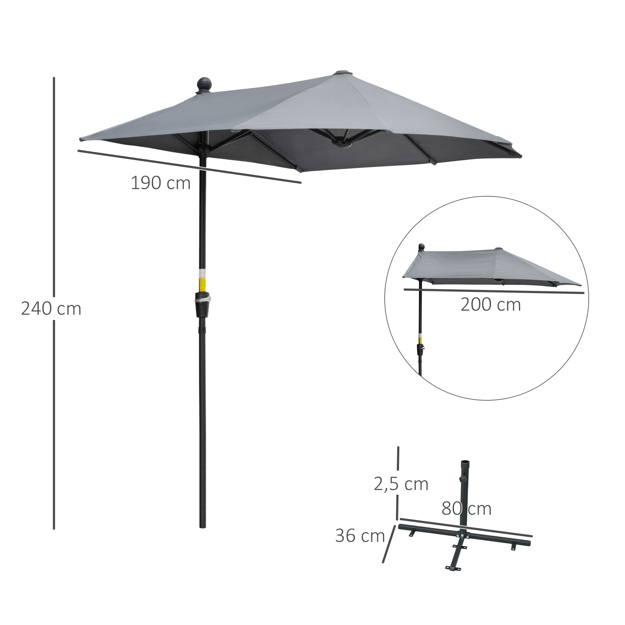 2 x 2 m Sonnenschirm Halbrundschirm Balkonschirm mit Halterung wasserabweisend für Garten Terrassen Höfe 100% Polyester Dunkelgrau