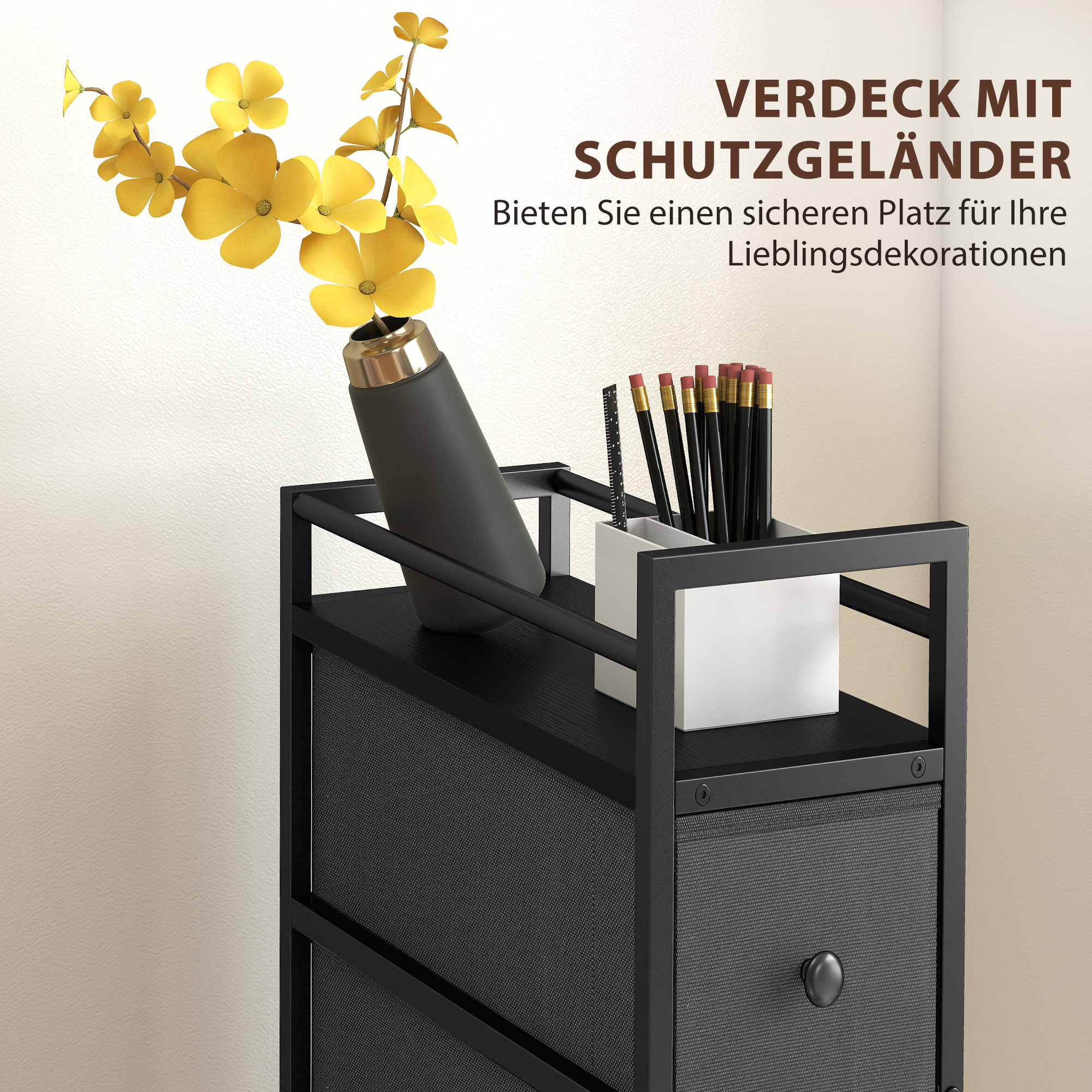 Kommode Schrank mit 4 Schubladen aus Vliesstoff Aufbewahrungsschrank mit Stahlrahmen, 20cm x 43cm x 81,5cm, Schwarz