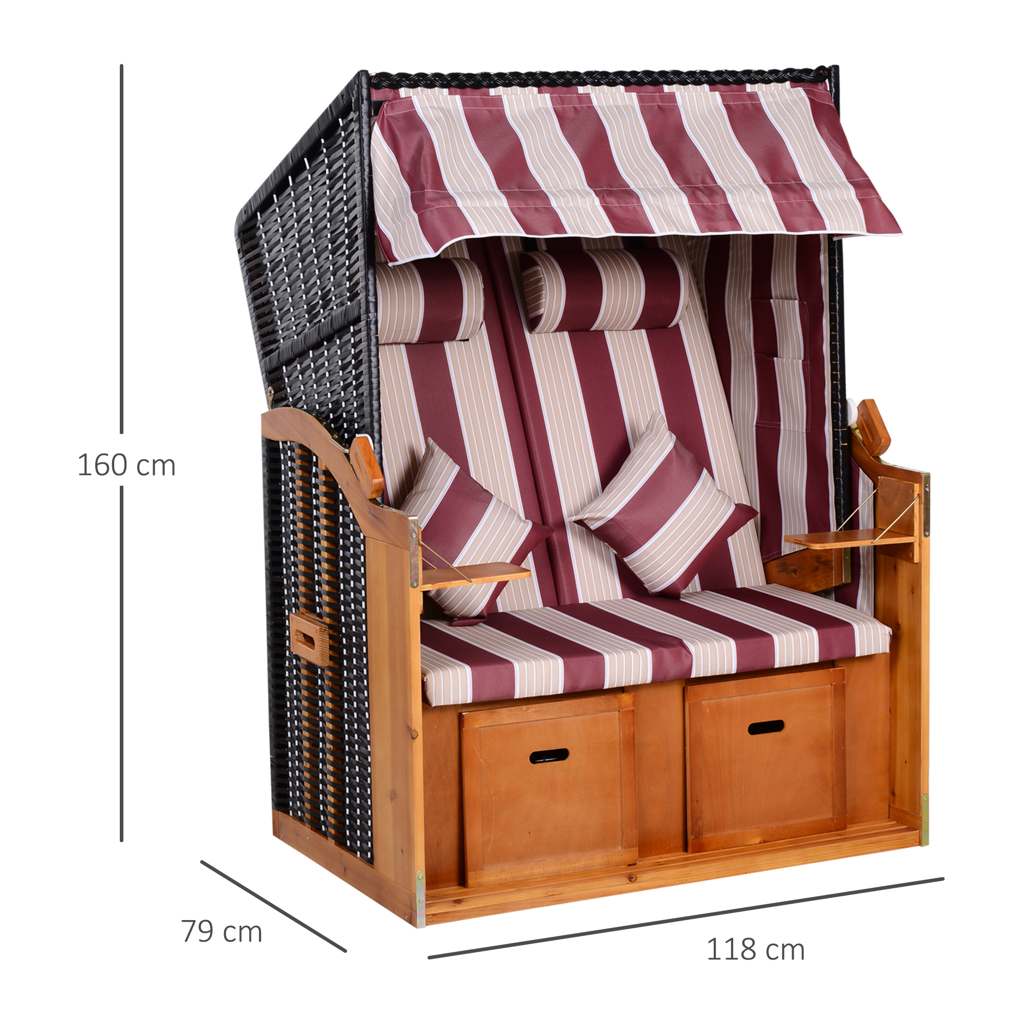 Strandkorb Ostsee Volllieger 2-Sitzer Strandkörbe aus Tannenholz, 5-stufige verstellbare Rückenlehne, Strandkorb mit Fußbänkchen Seitentische, PE Geflecht, Strandstuhl für Balkon, Rot+Weiß