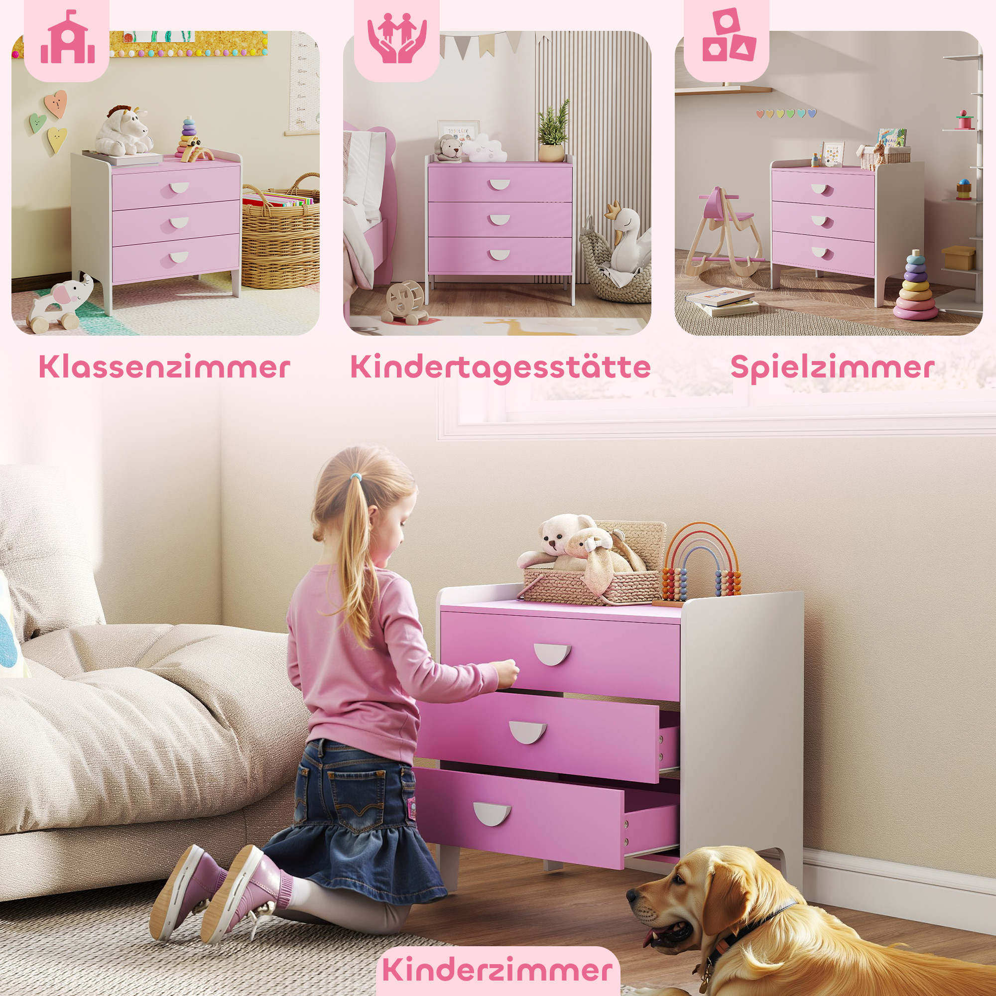 Kinder-Kommode mit 3 Schubladen, MDF, Aufbewahrungsschrank für Kinder, Rosa+Weiß