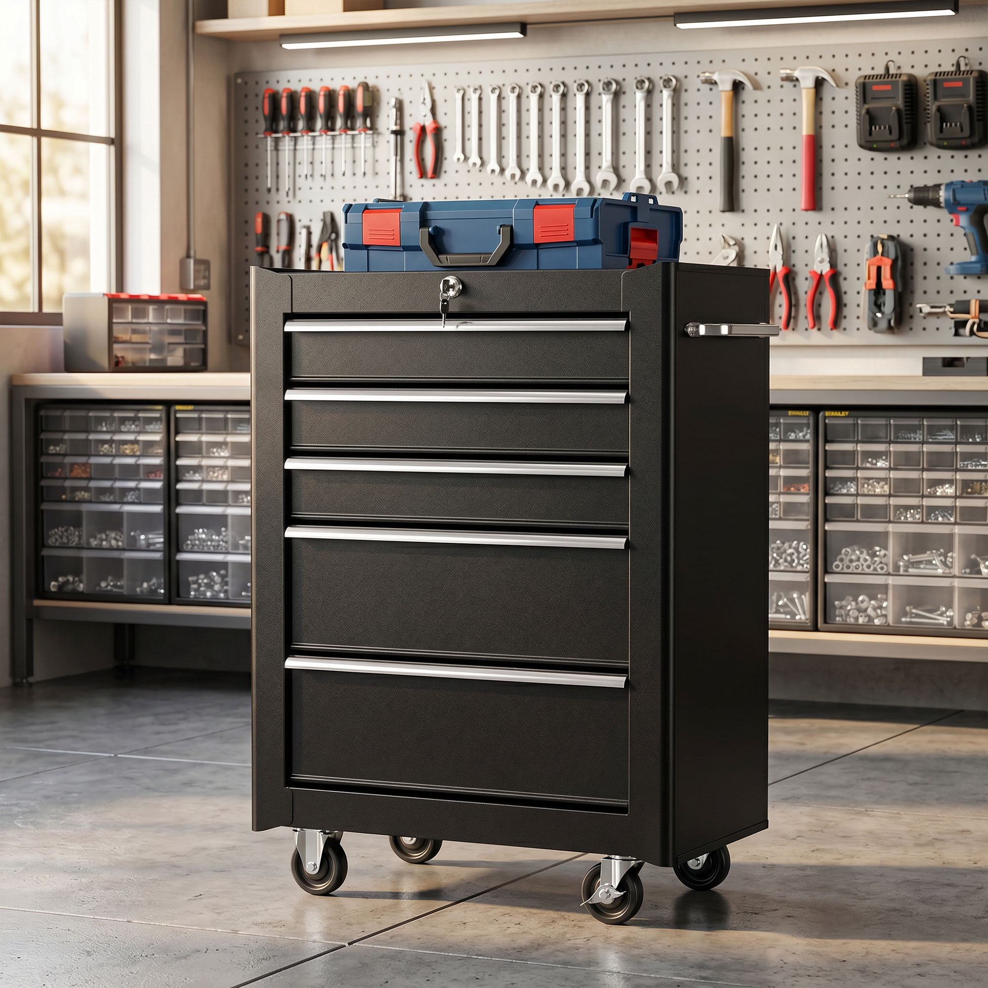 Werkzeugschrank, Werkzeugkiste, 5 Schubladen, rollbar, Stahl, Schwarz