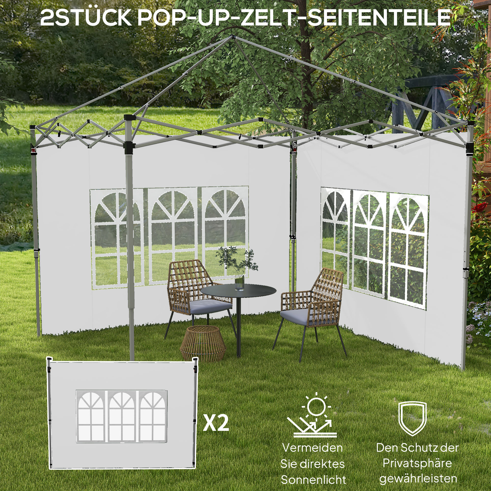 2er-Set Seitenteile für Pavillon 3x3/3x4 m, Seitenwand mit Fenster, wasserdicht Weiß