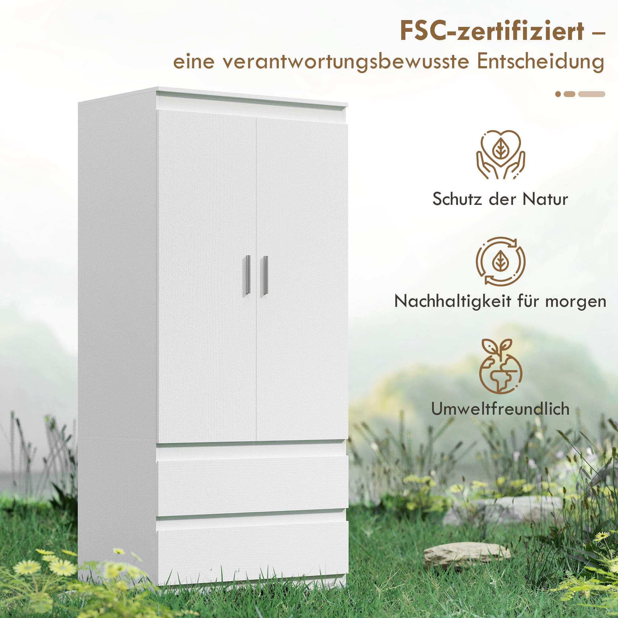 Schlafzimmer-Garderobe mit 2 Türen, 2 Schubladen, 3 Fächer, Holz, Weiß