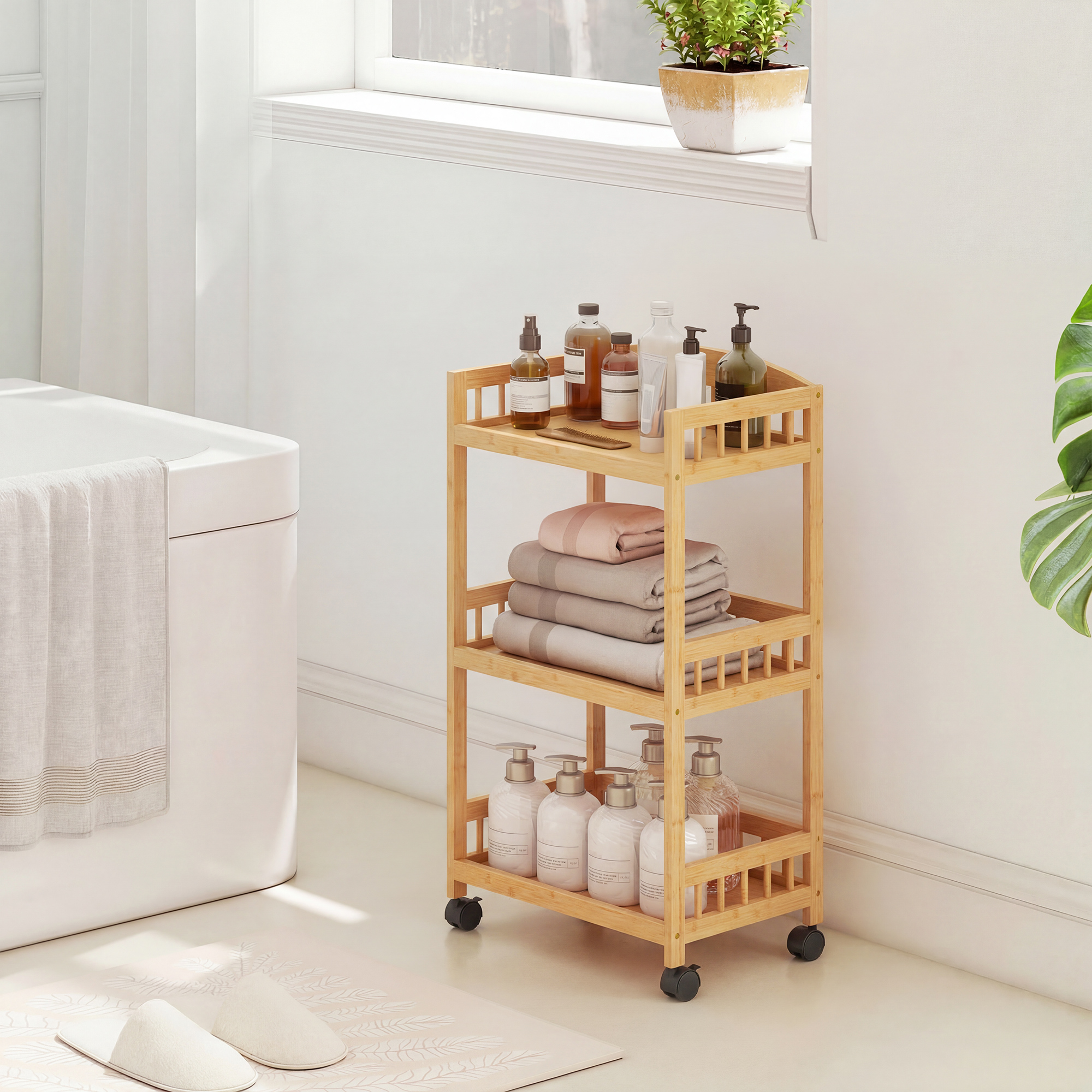 Küchenwagen Rollwagen mit 3 Ebenen, Servierwagen mit Stauraum Küchenregal auf Rollen, für Küche Bad Büro Naturholz