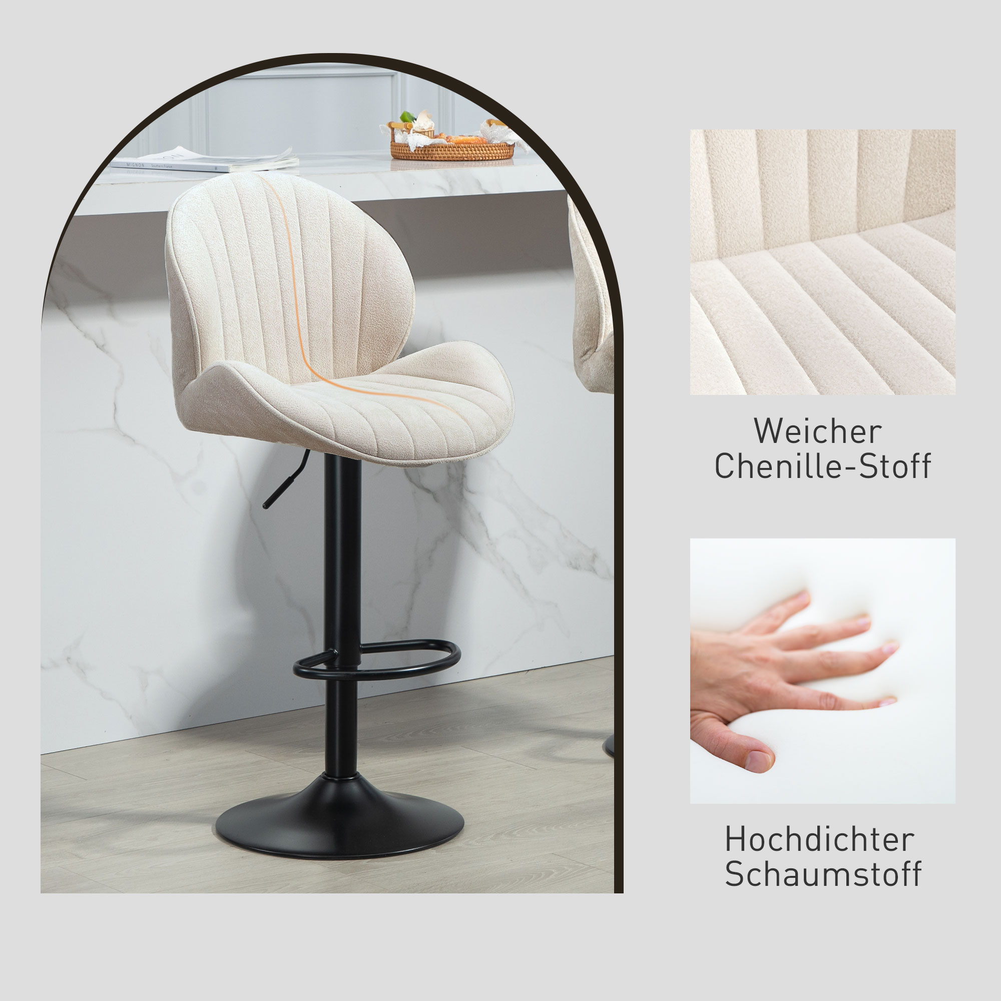 2er-Set Barhocker, Stoffbezug, verstellbare Sitzhöhe, drehbar, Stahlrahmen, Beige