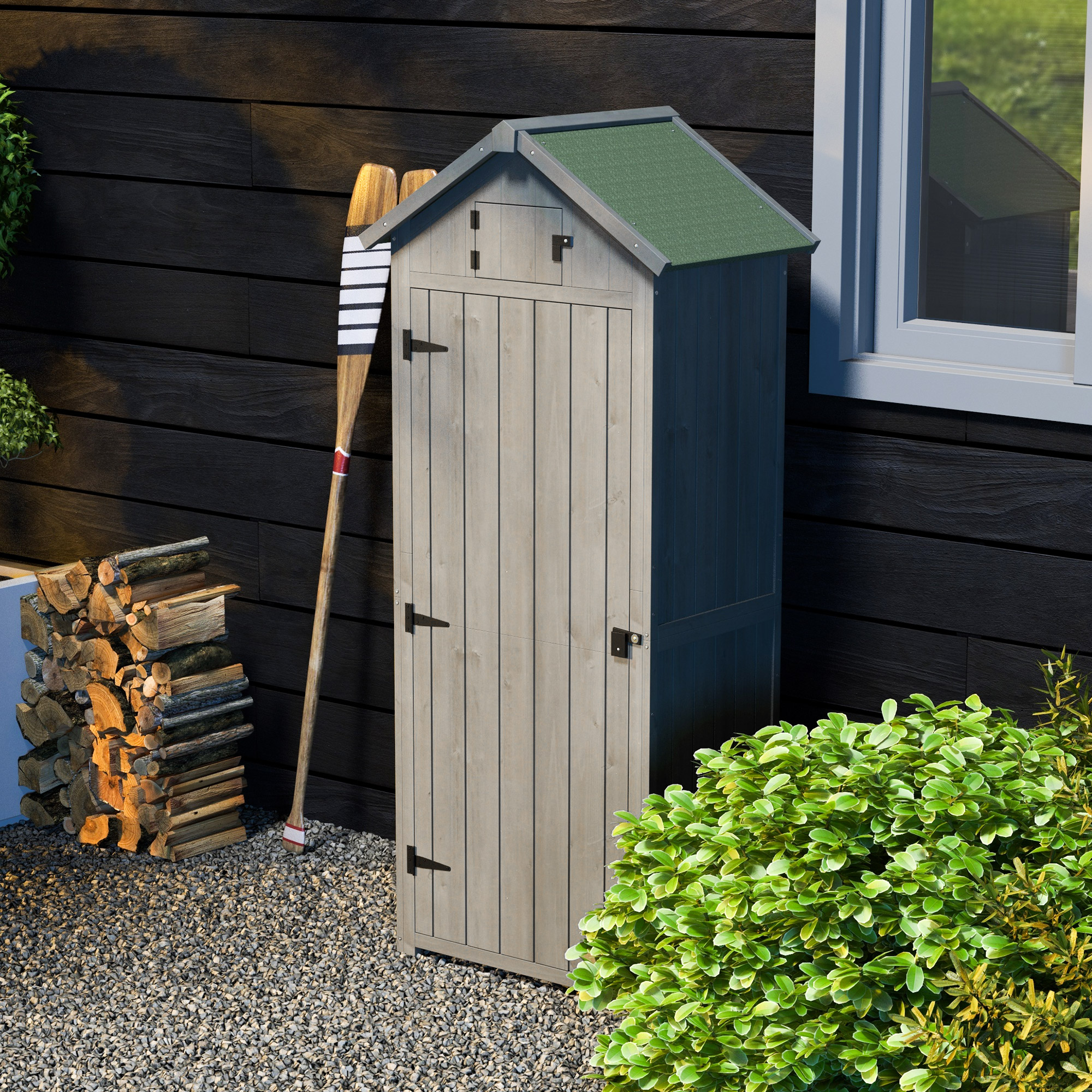 Gartenschrank Holz abnehmbare Eckregale Gekipptes Asphaltdach Verriegelte Türen wasserfest 77x54,2x179cm
