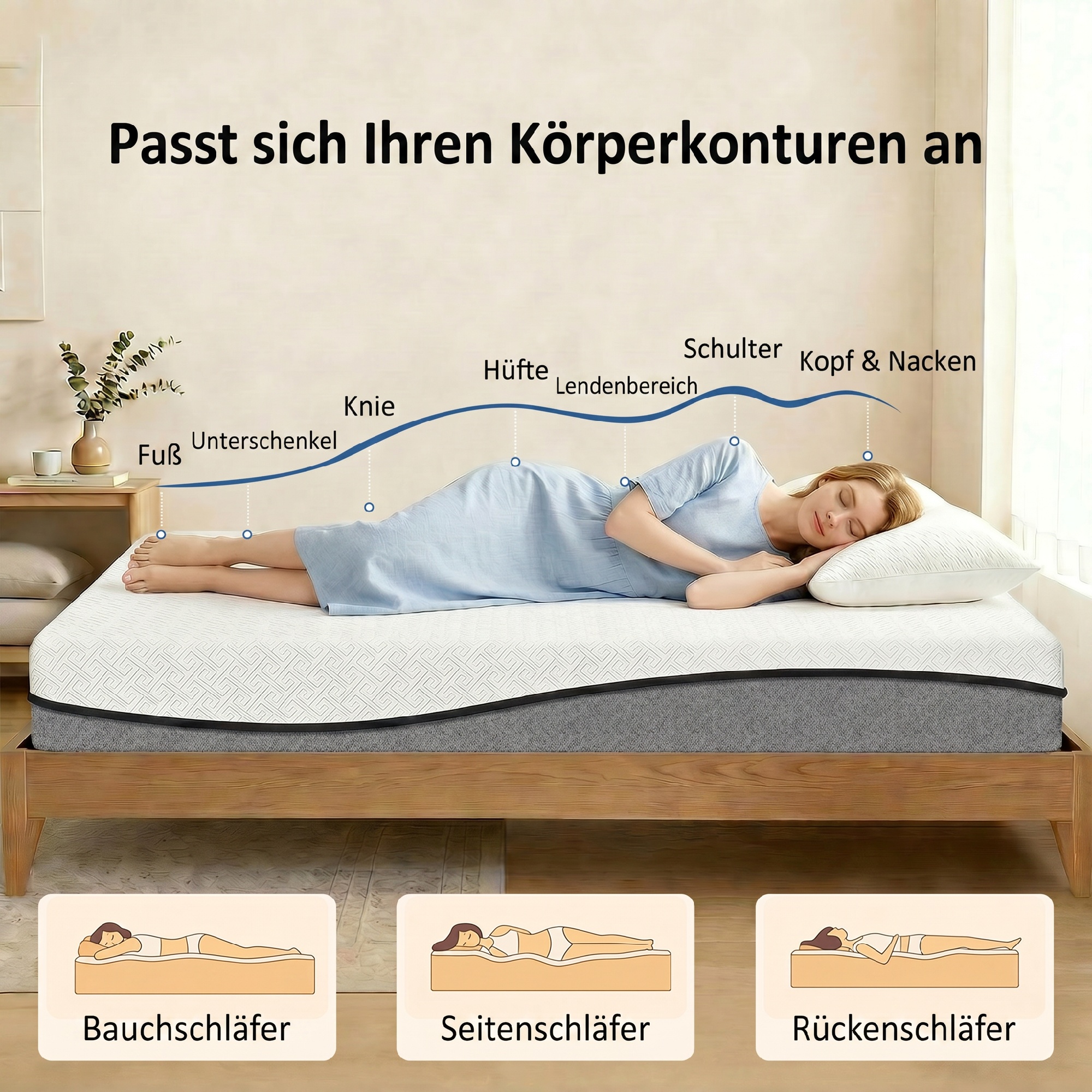 Matratze 140x200cm H3 mittelfest 20 cm Höhe Ergonomisch, Atmungsaktiv aus Gel-Memory-Schaumstoff, Öko-Tex & CertiPUR