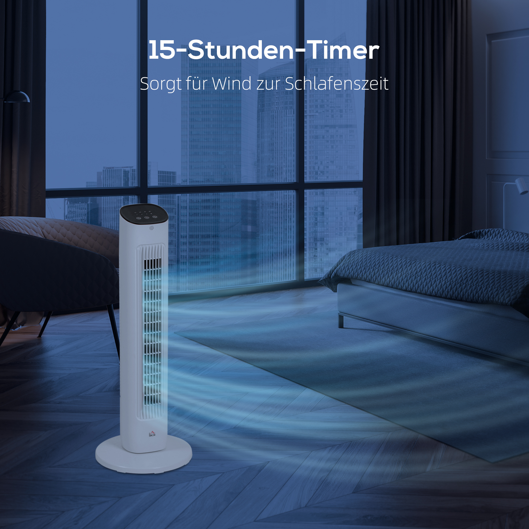 85° oszillierender Turmventilator mit Fernbedienung 3 Geschwindigkeiten 2 Modi Timer LED-Display 30x30x78 cm Weiß