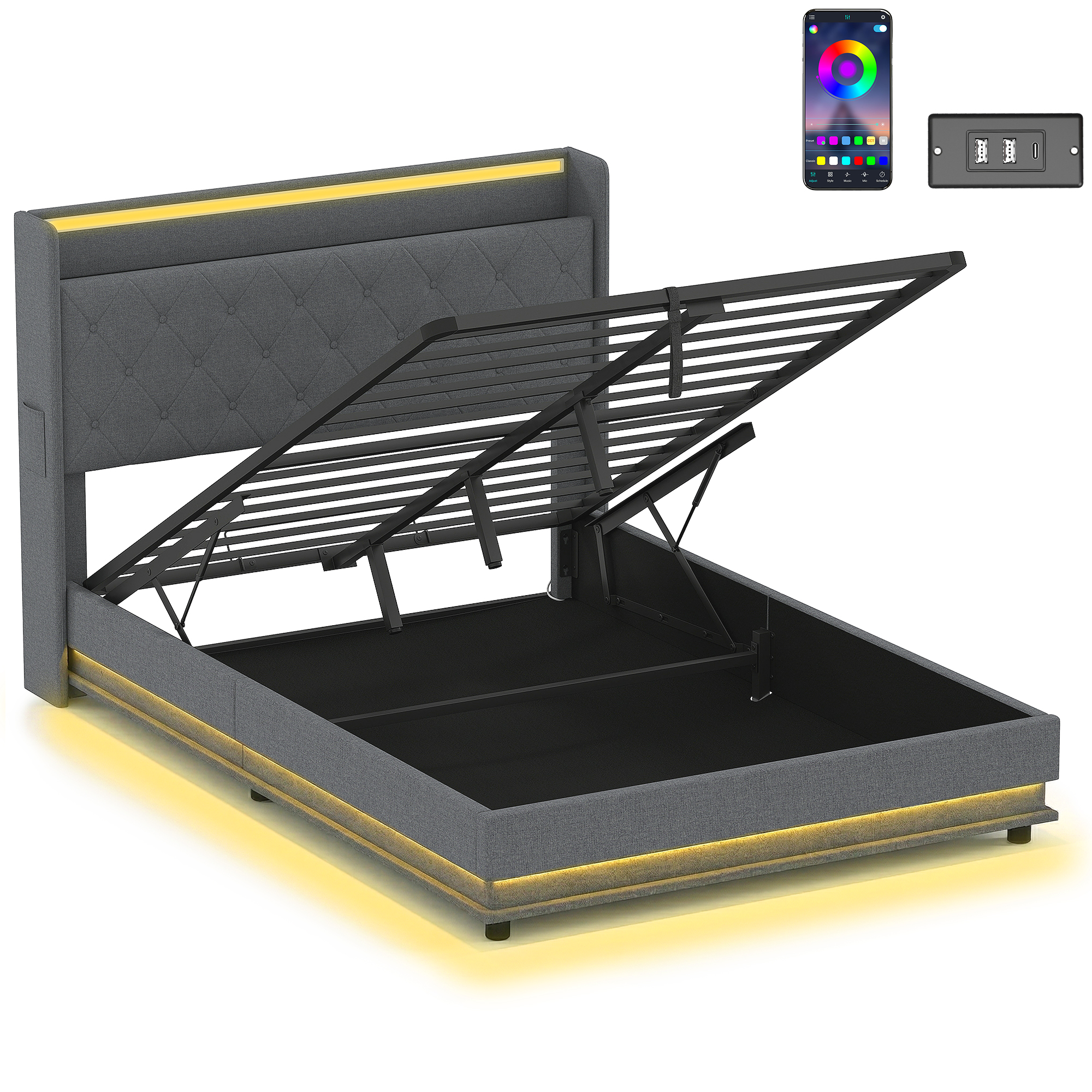 Bettgestell 140 x 200 cm mit Kopf- und Fußteil, Plattformbett mit hydraulischem Stauraum, LED-Lichtern