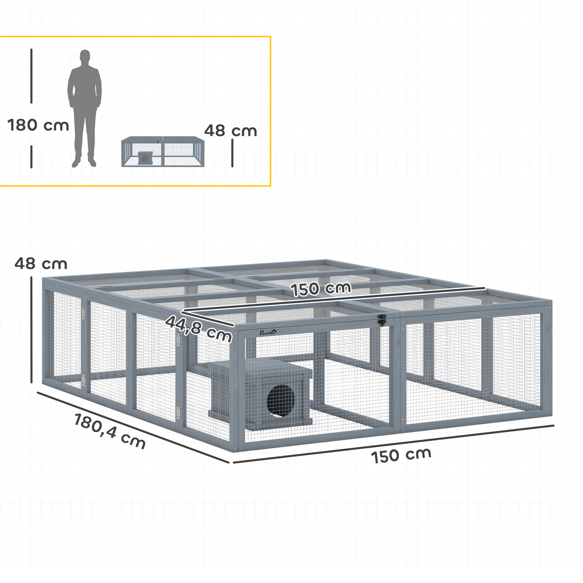 Freilaufgehege Kaninchenstall aus Holz mit 2 Türen Unterschlupfhaus für 2-4 Zwergkaninchen 180,4 x 150 x 48 cm Grau
