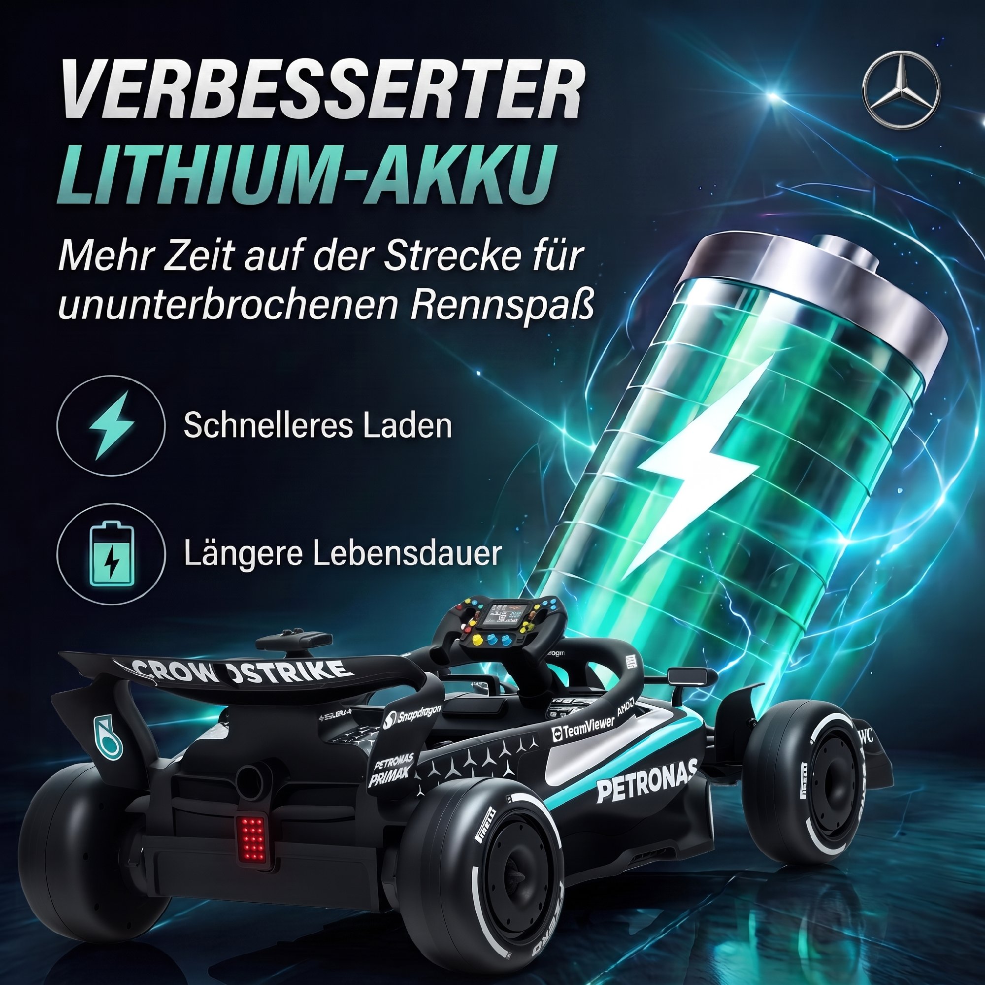 Mercedes-AMG PETRONAS F1 12 V Elektro Go-Kart für Kinder Gokart mit Lithium-Akku 2 Motoren Sanftanlauf