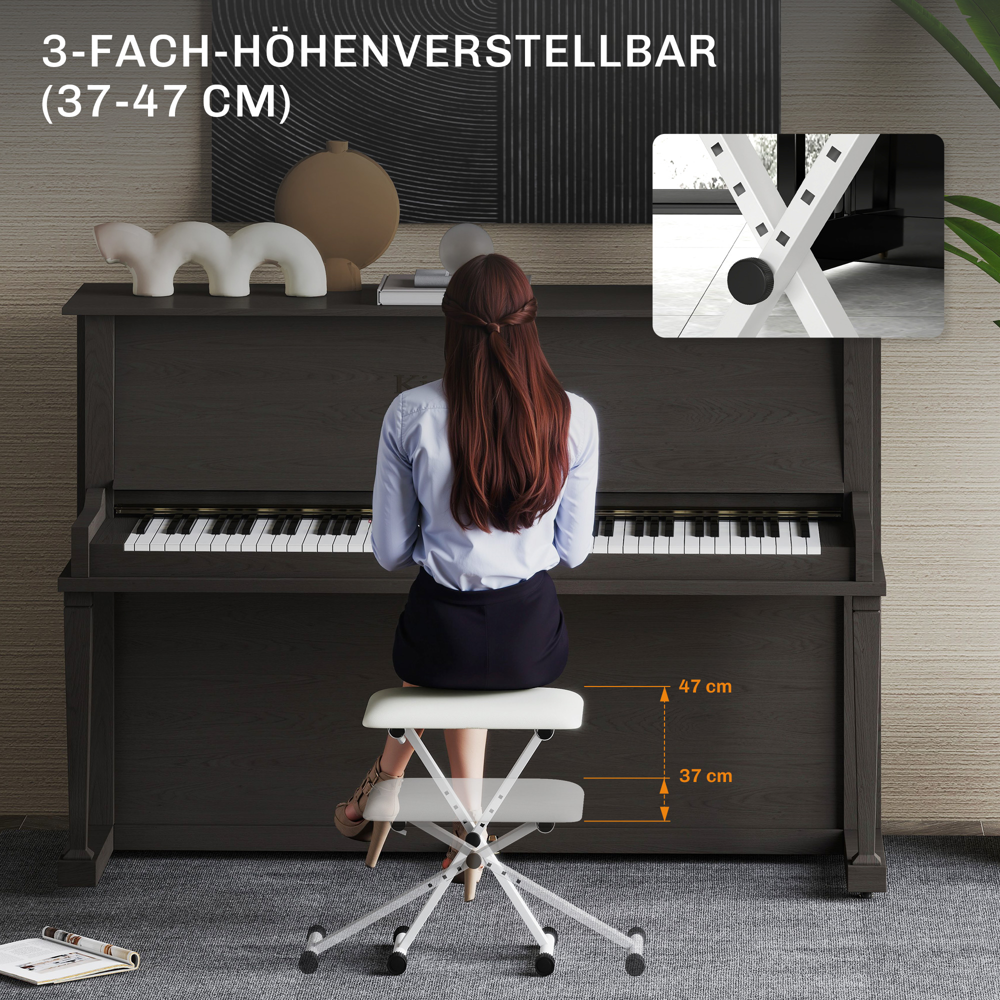 Klavierhocker Höhenverstellbare Klappbare X-förmige Klavierbank mit Kunstleder Kissen 39 x 29 x 37-47 cm Weiß