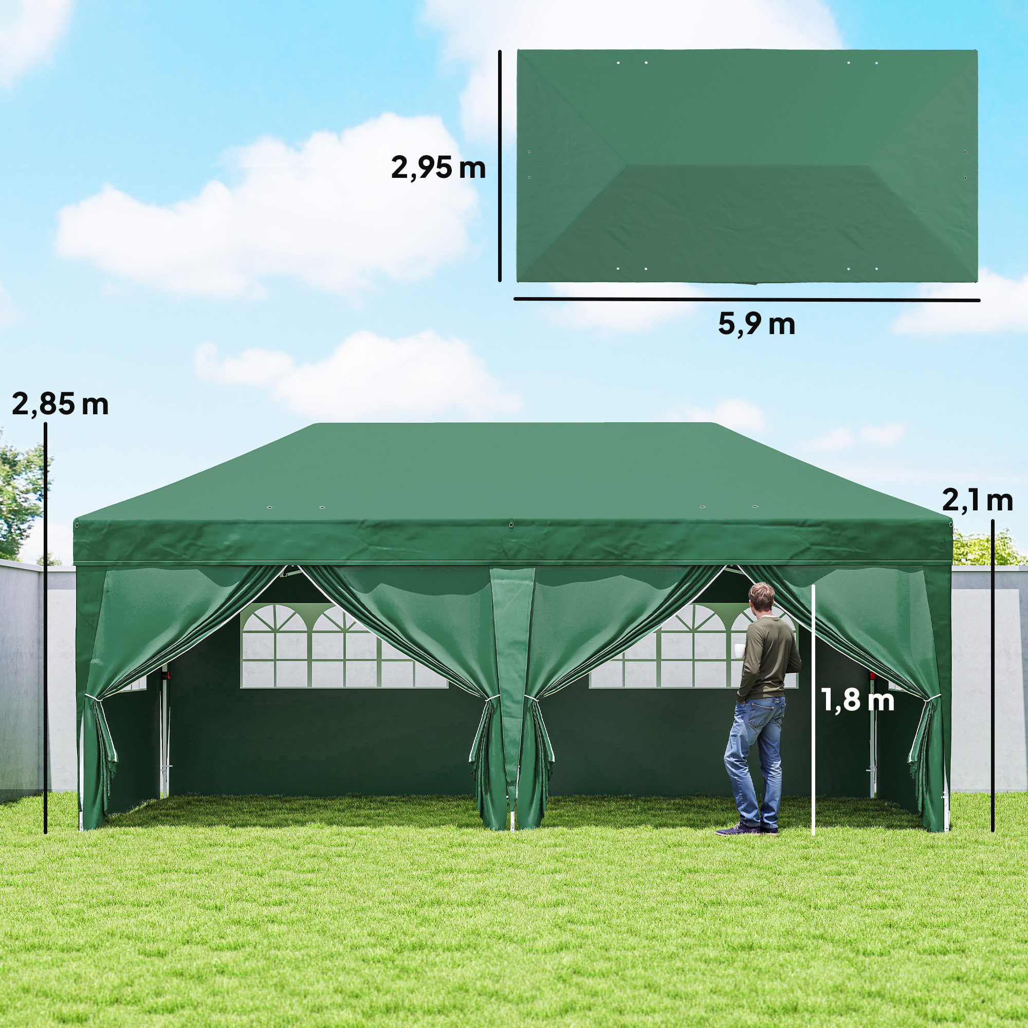 Pavillon ca. 6x3m Stabil Winterfest Pop-up Faltpavillon mit Fenster Reißverschlusstür Seitenteilen UV Schutz