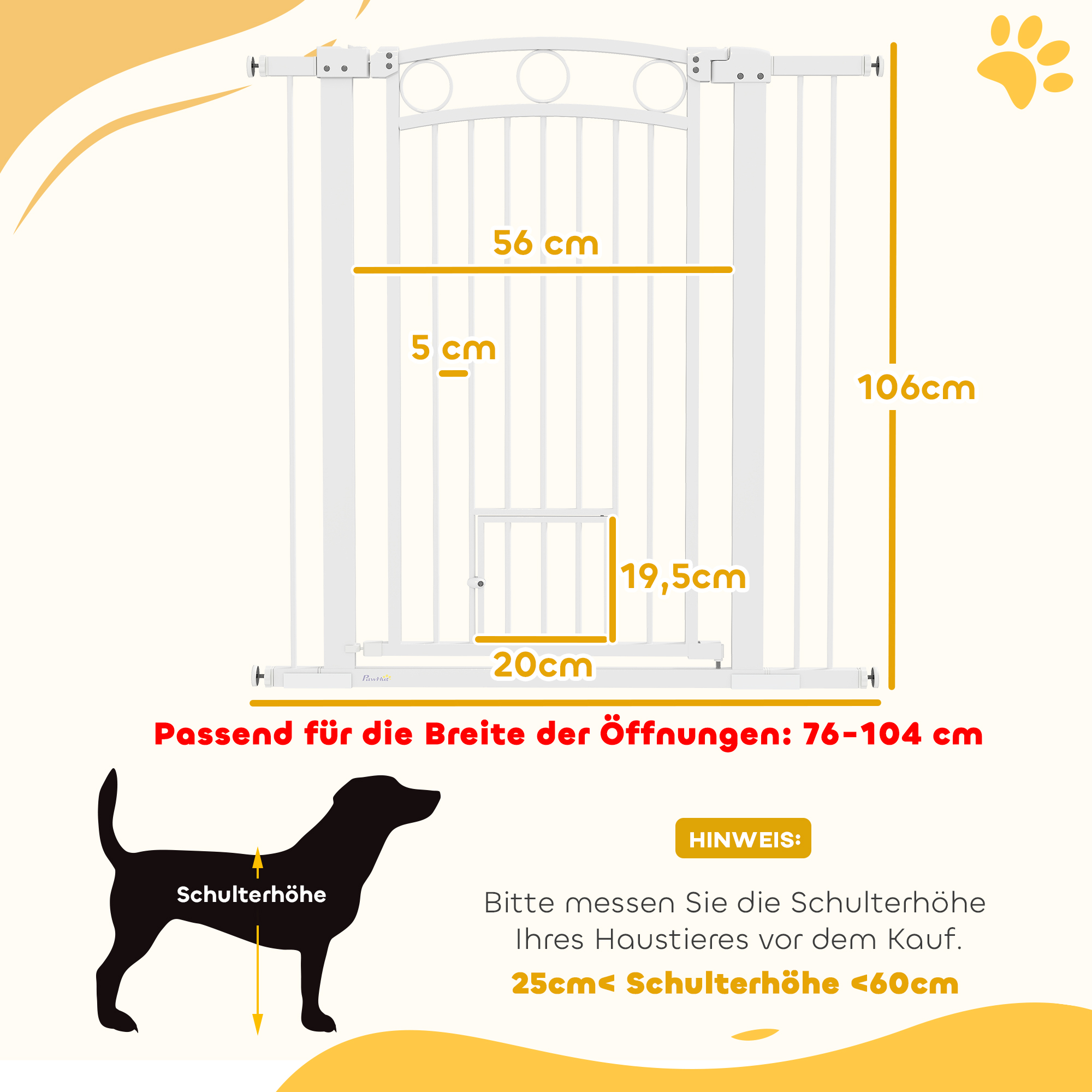 106 cm hohes Haustiergitter mit anpassbarer Breite, integrierte Katzentür, für Treppen und Türrahmen, Weiß