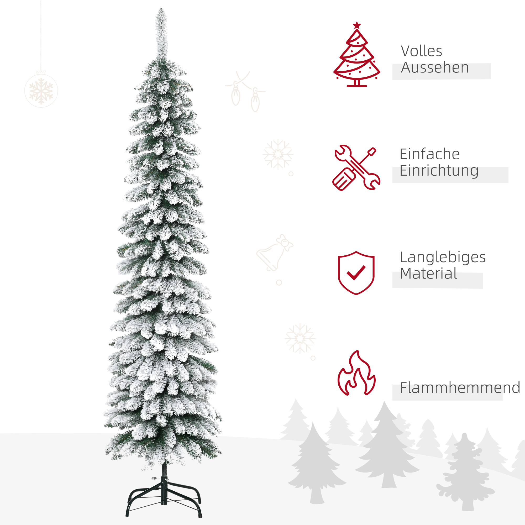 Künstlicher Weihnachtsbaum, schneebedeckt, schmales Design, feuerfest, 180 cm, Grün/Weiß