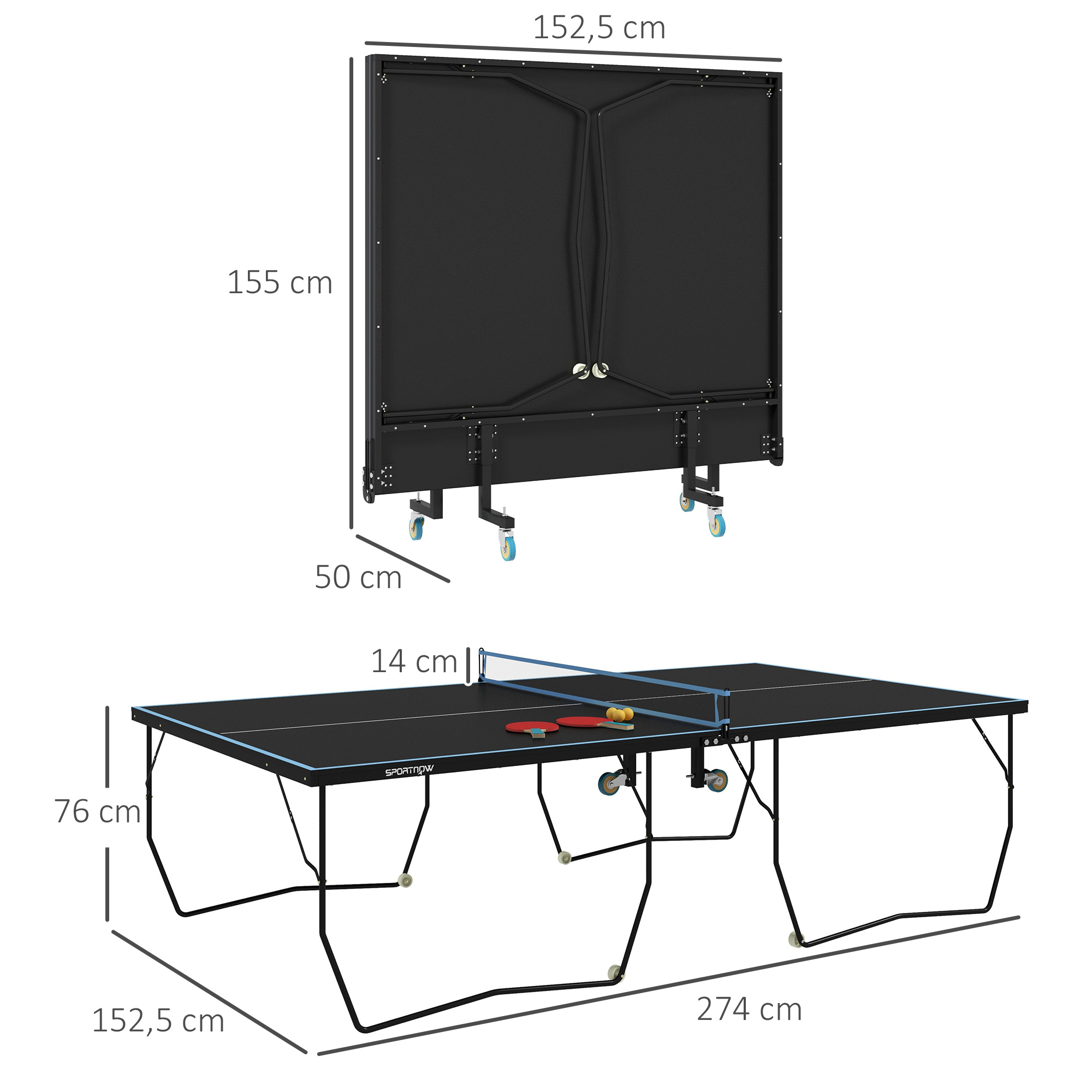 Tischtennisplatte, klappbar, 8 Räder, pulverbeschichteter Stahlrahmen, MDF, 274 x 152,5 x 76 cm, Schwarz