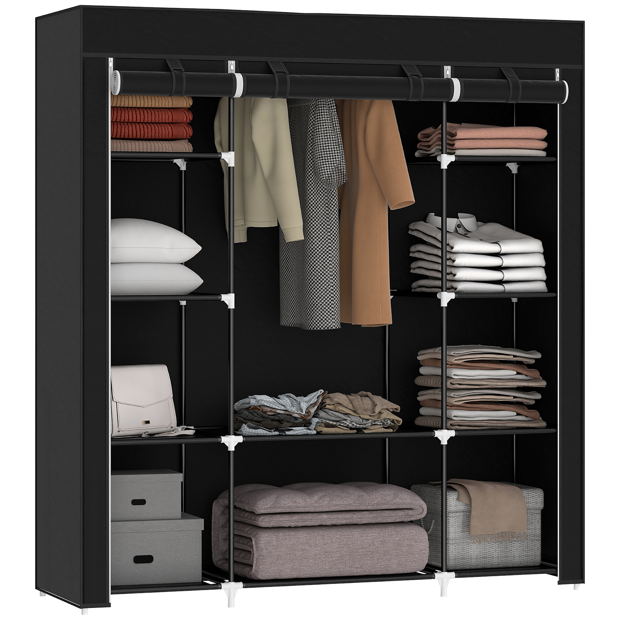 Stoffschrank aus Vlies, Faltschrank, 1 Kleiderstange, 9 Regale, 150 cm x 43 cm x 162,5 cm, Schwarz