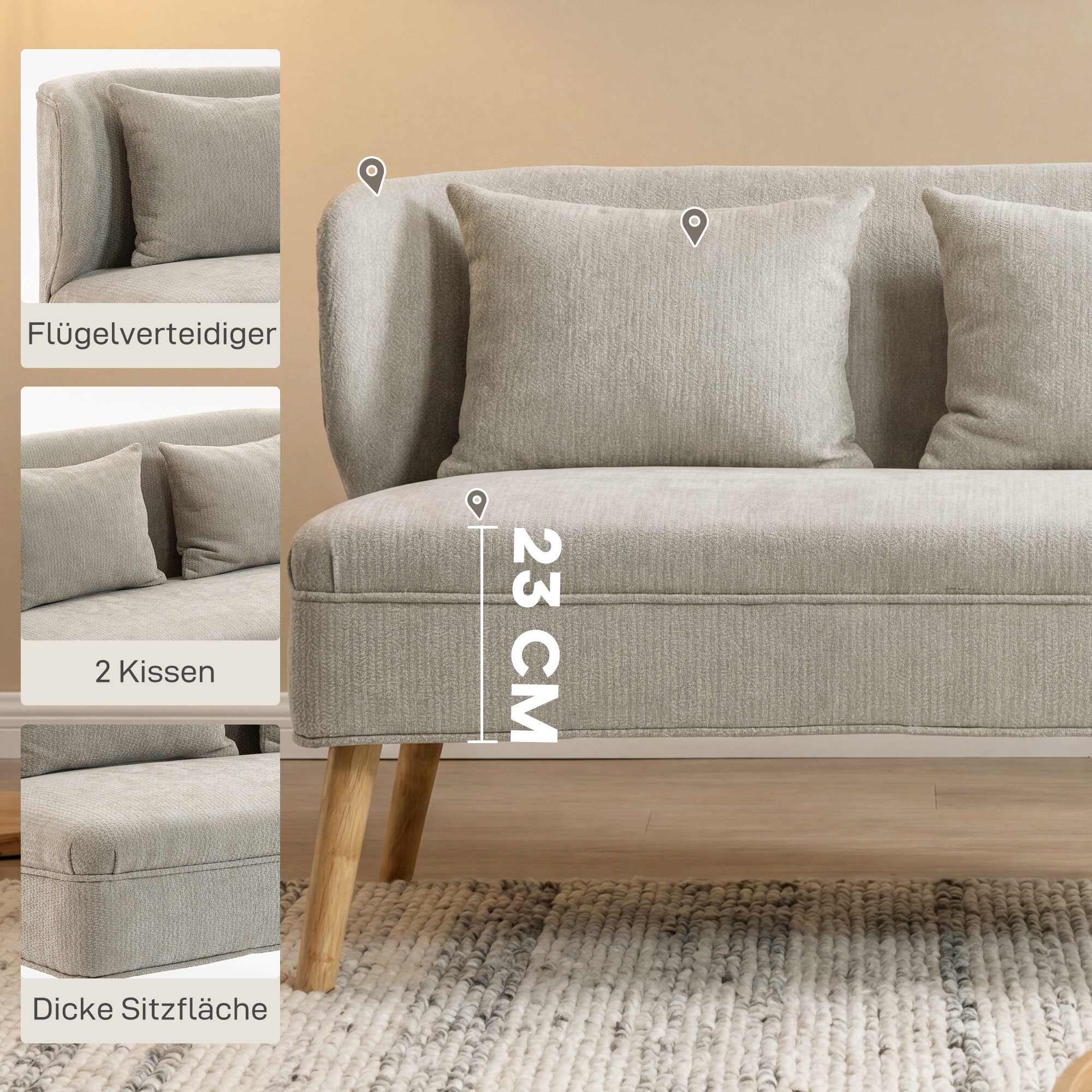 2-Sitzer-Sofa, kleines Chenille-Sofa mit Flügelrücken, dickem Sitz, Gummibaumholzfüßen, Beige