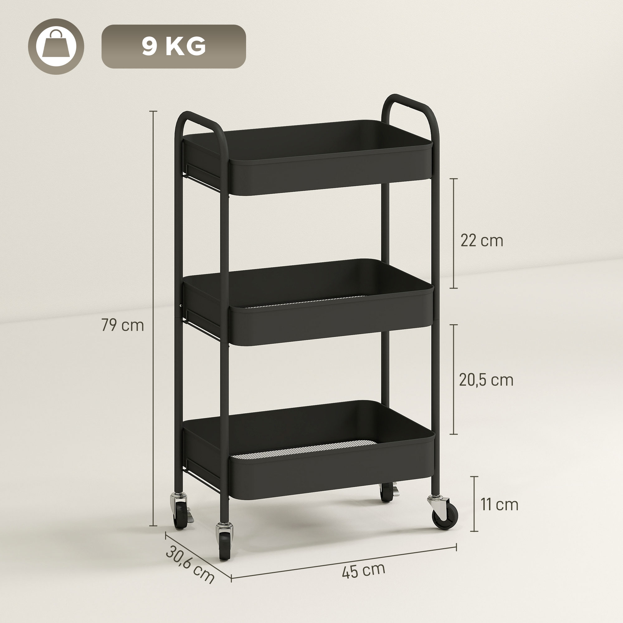 Mehrzweckwagen Rollwagen Küchenwagen, 3 Regale, 4 Rollen, 45 cm x 30,6 cm x 79 cm, Schwarz