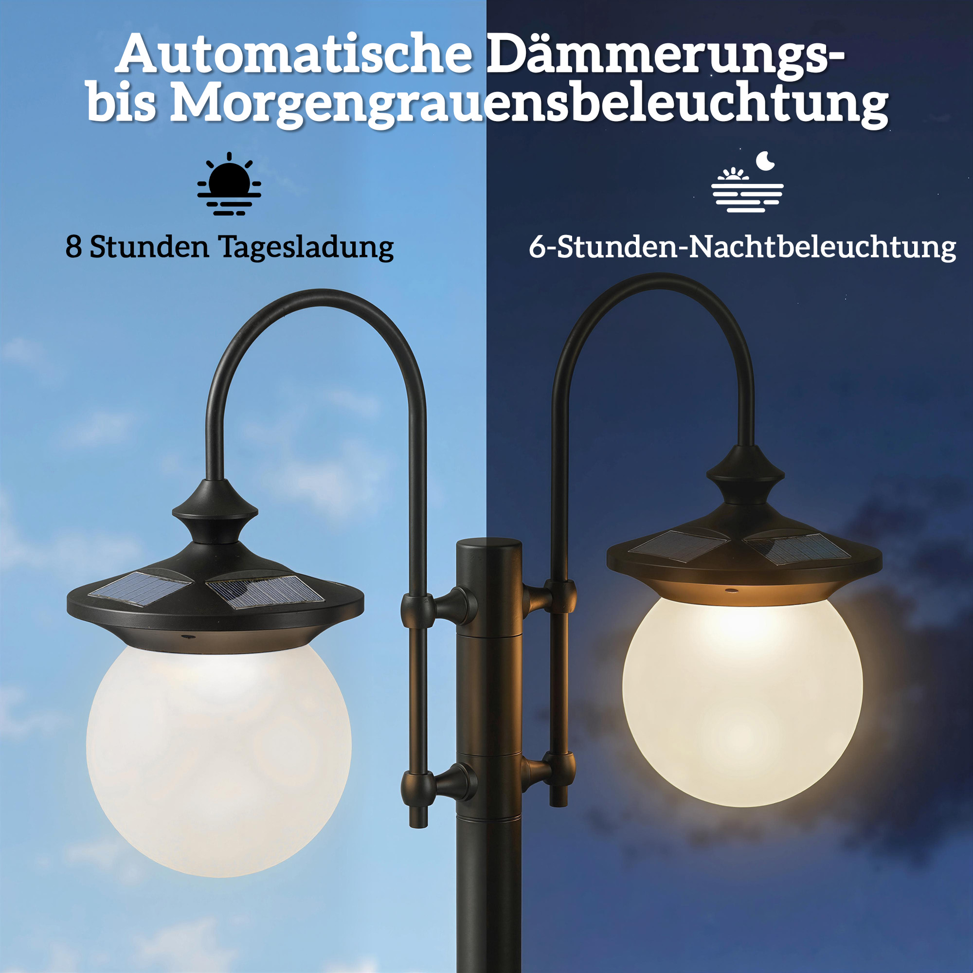 Solar Laterne Stehleuchte 182 cm Höhenverstellbar Außen Gartenlaterne mit 2 Köpfen Pflanzgefäß Lichtsensor Schalter IP44