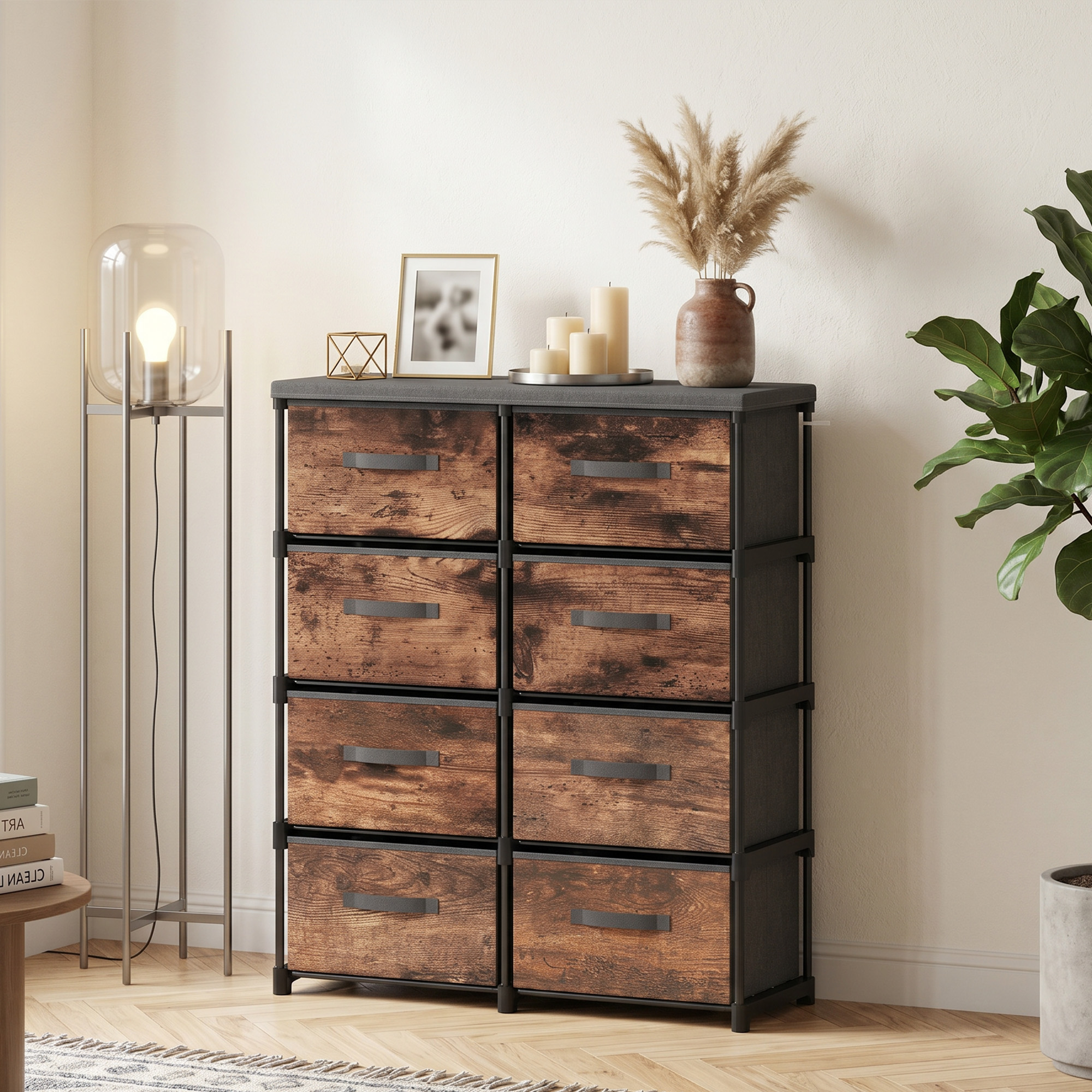 Kommode mit 8 Schubladen, Stoffkommode mit Metallgestell, für Schlafzimmer & Wohnzimmer, Vintage Braun