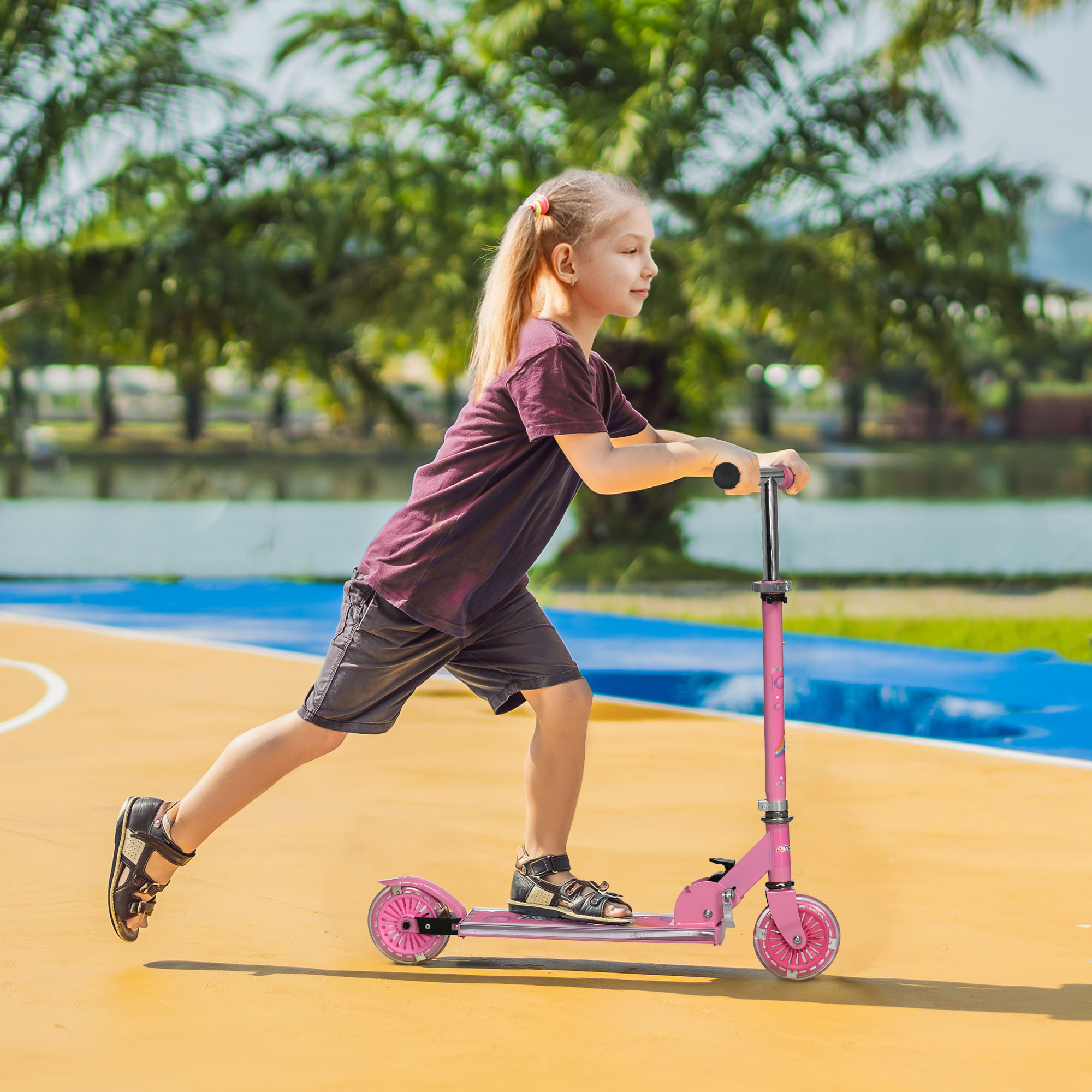 Roller Kinder Scooter mit LED Rädern 124 mm Rollen klappbarer Höhenverstellbar mit Musik Hinterradbremse Rosa