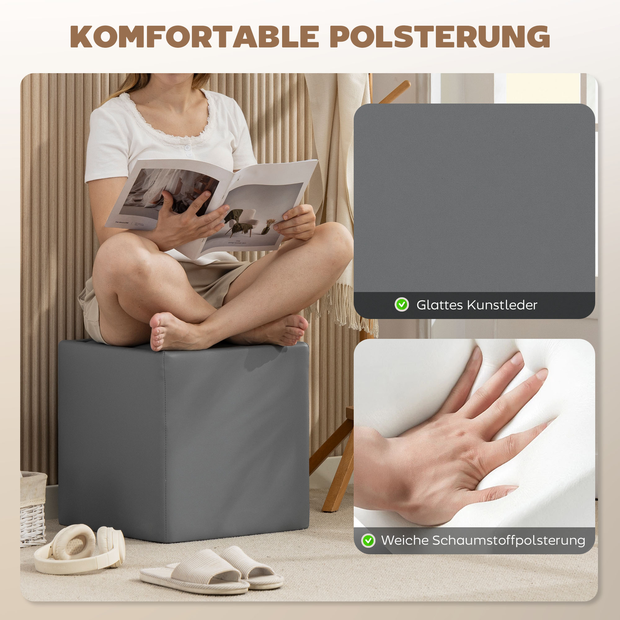 Sitzhocker mit Stauraum Hocker mit Deckel, Quadratischer Fußhocker Sitzwürfel Kunstleder 40 x 40 x 40 cm Grau