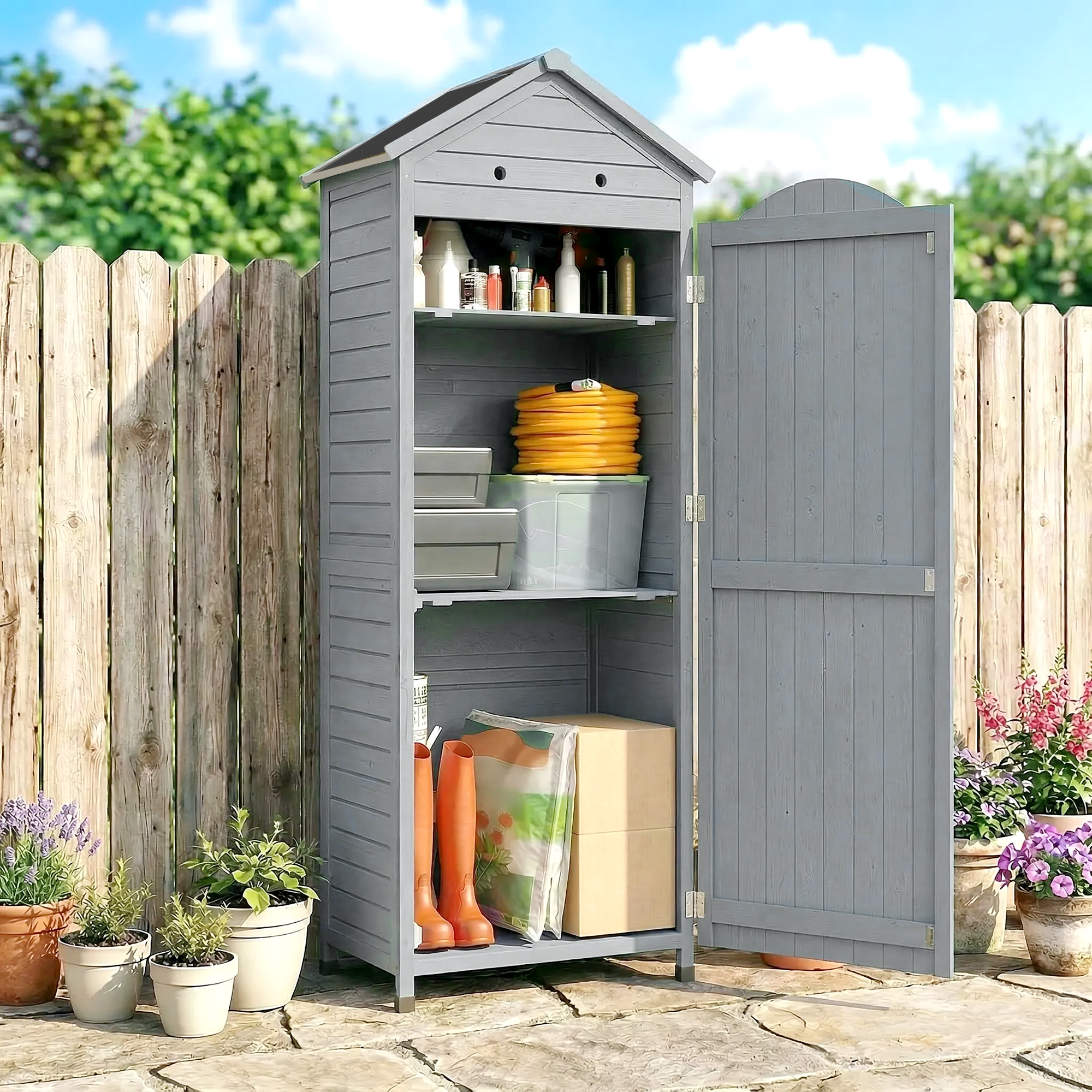 Gartenschrank Holz extra hohe Geräteschuppen mit verstellbar Ablage magnetisch Tür galvanisiert Dach Belüftung