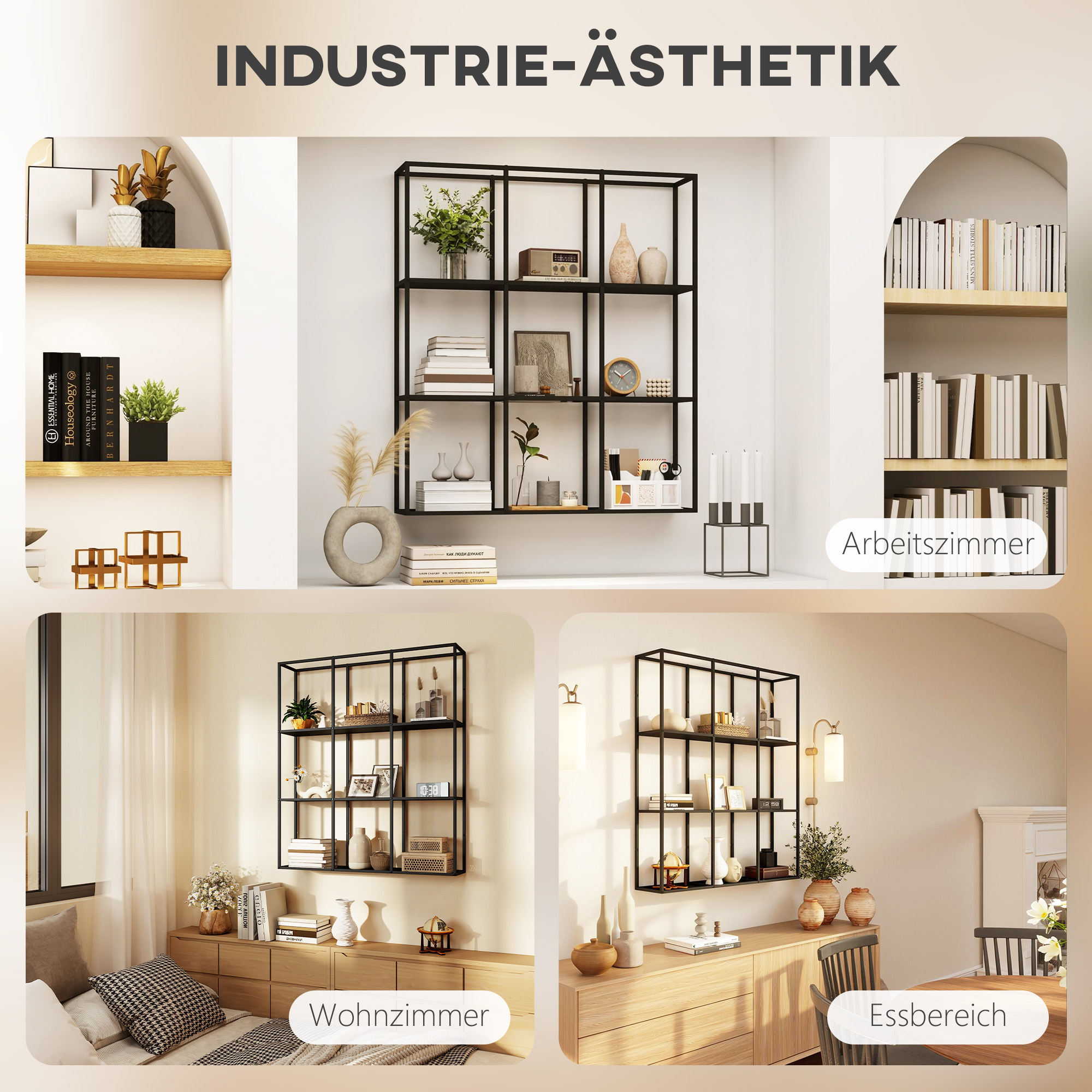 industrielles Wandregal mit 9 Fächern, Metallregal für Sammlerstücke, Ideal für Wohnkultur, Schwarz