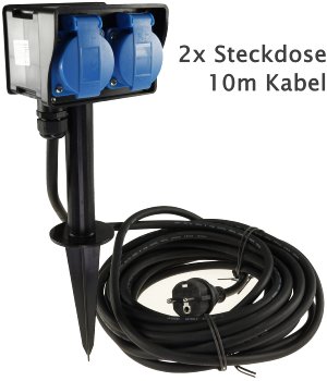 Gartensteckdose mit Erdspieß, 2-fach, IP44, 10m Kabel