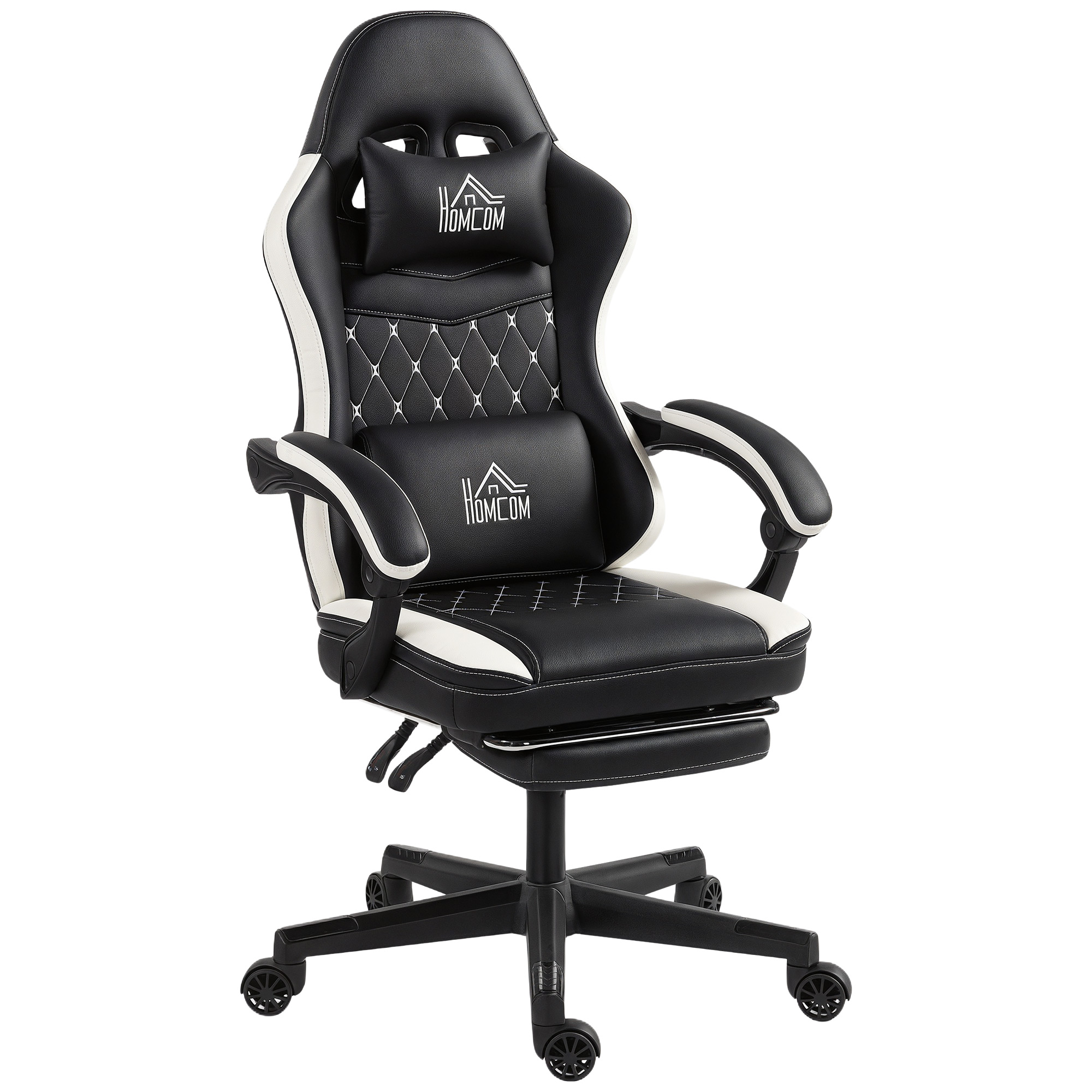 Gaming-Stuhl mit Fußstütze, Computerstuhl mit Kopfstütze & Kissen, Kunstleder-Bezug, drehbar, höhenverstellbar, Metall, Kunststoff, Schwarz+Weiß