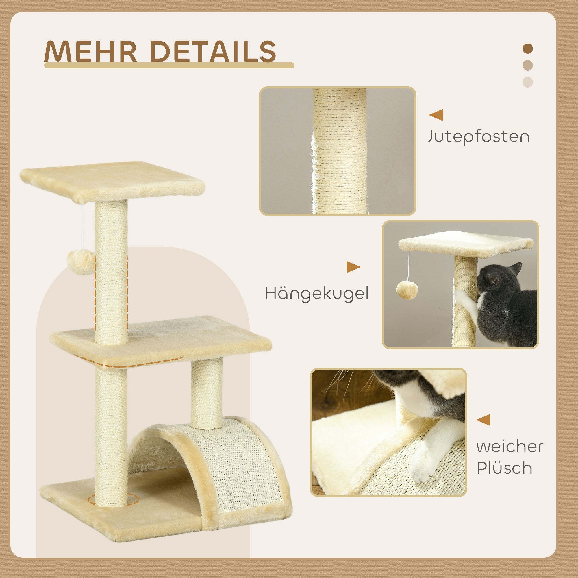 Kratzbaum 72 cm Katzenturm mit Plüschballen, Sisalstämme, Plattform, Kratzbrett Cremeweiß
