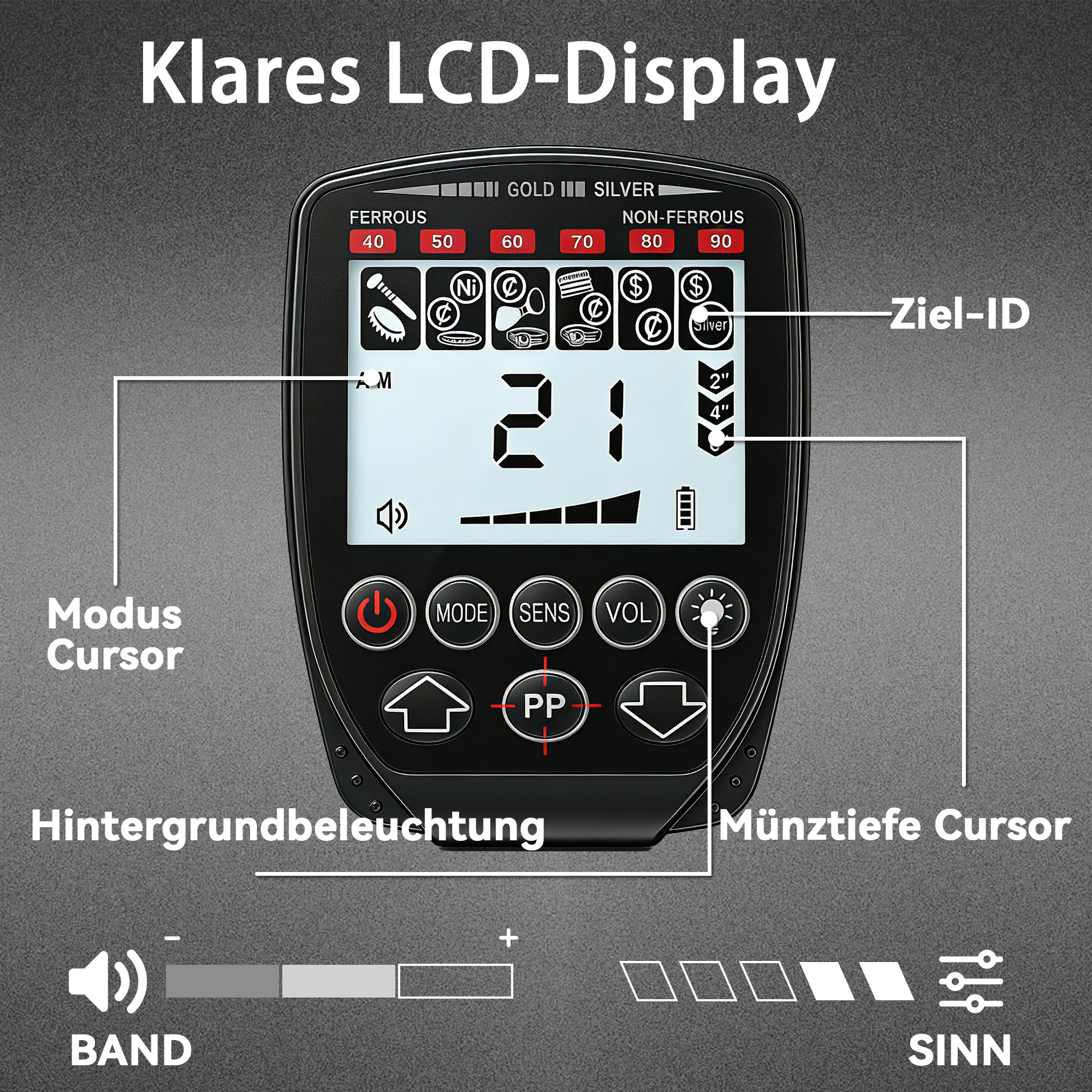 Metalldetektor IP68 Wasserdicht faltbar Metallsuchgerät mit 4 Modi Kopfhörer Schaufel Tragetasche LCD-Display